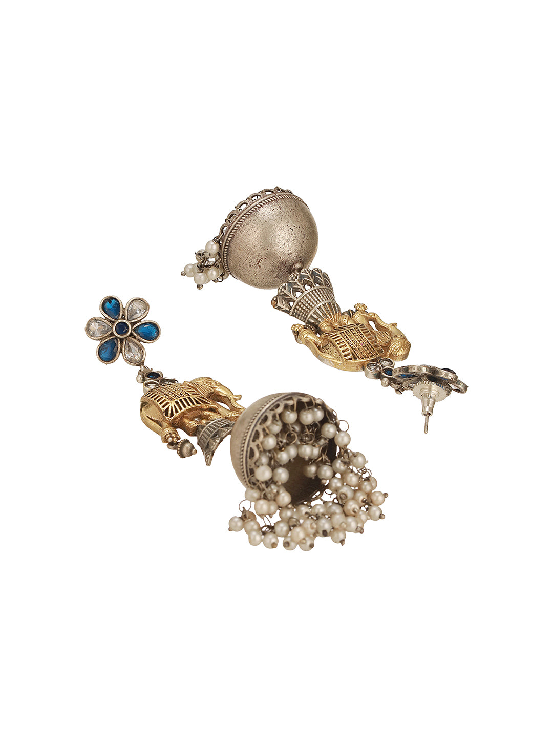 Oxidised Silver Toned Pearl Beaded Floral Elephant  Design Contemporary Dangler  Jhumka Earrings
