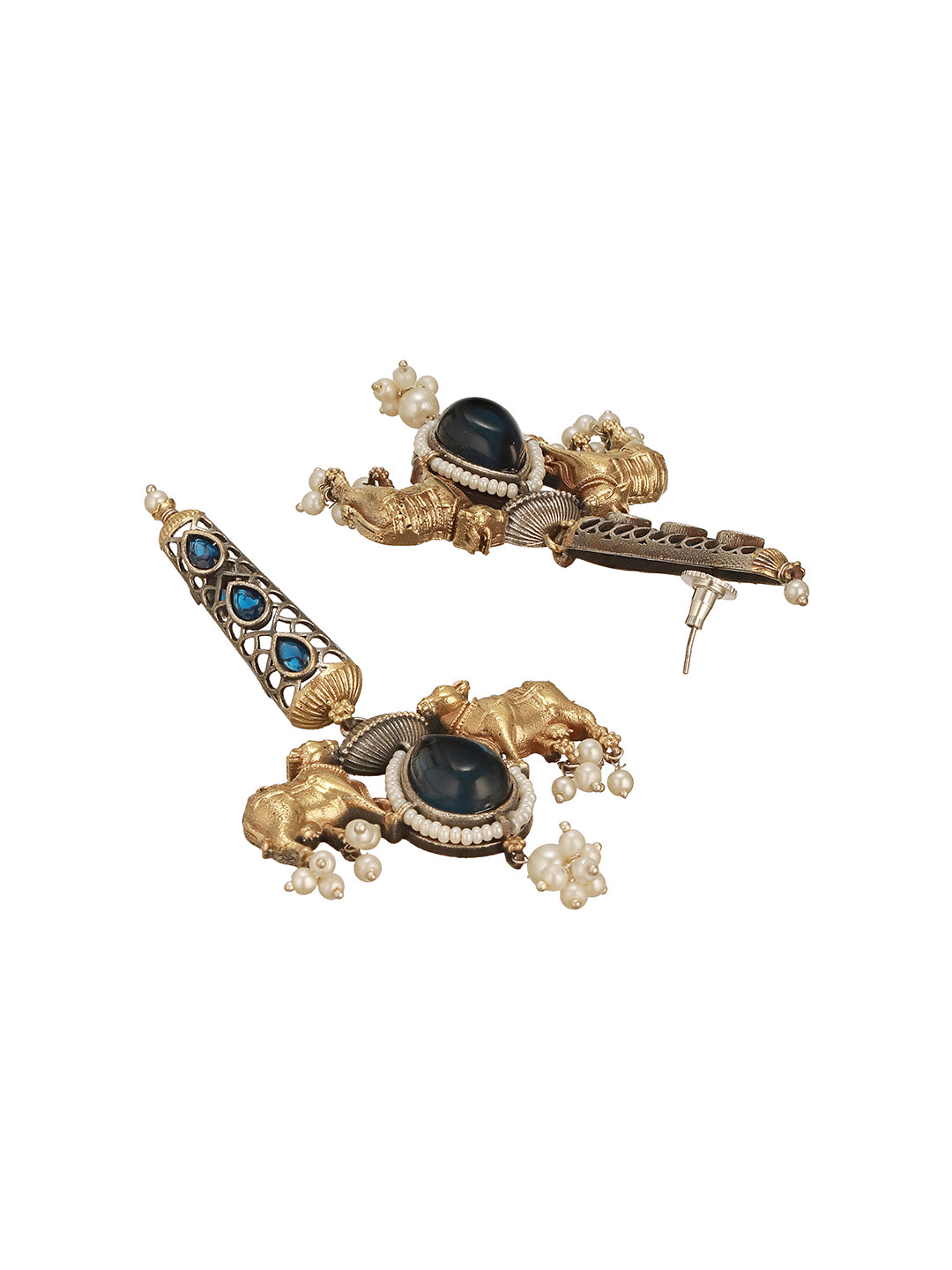 Oxidised Silver Plated Dual Plated Turquoise Blue Pearl Beaded Bull Motif  Contemporary Dangle  Earrings