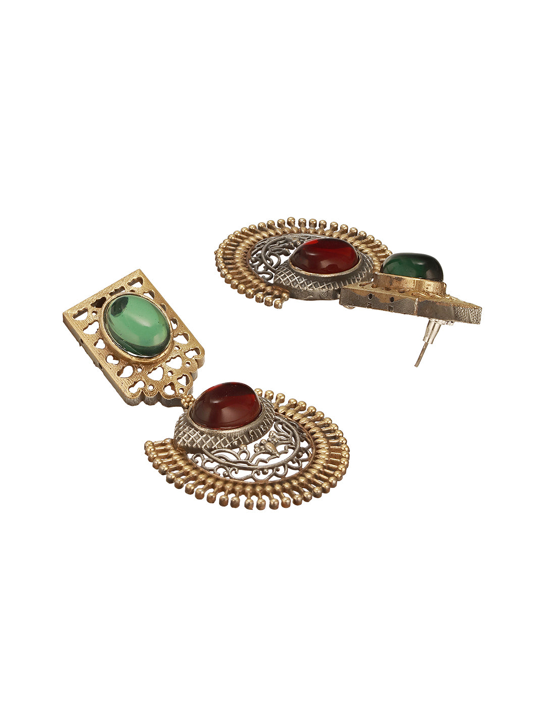 Antique Gold-Toned Dual Red & Green Stone  Engraved  Handcrafted Dangler  Earrings
