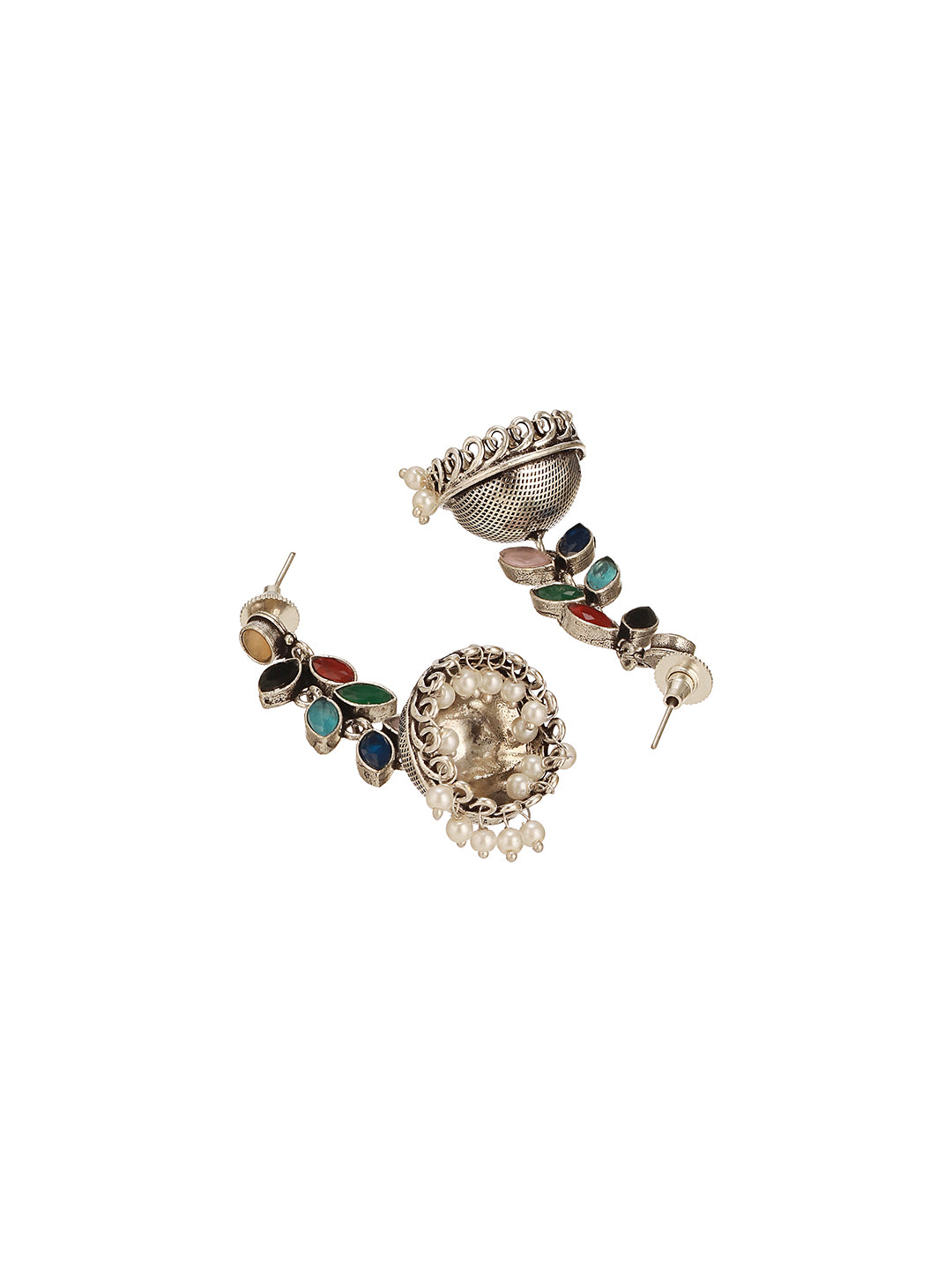 Oxidised Silver Toned Multicolored Handcrafted  Leaf Design Dangler Minimal Jhumka  Earrings