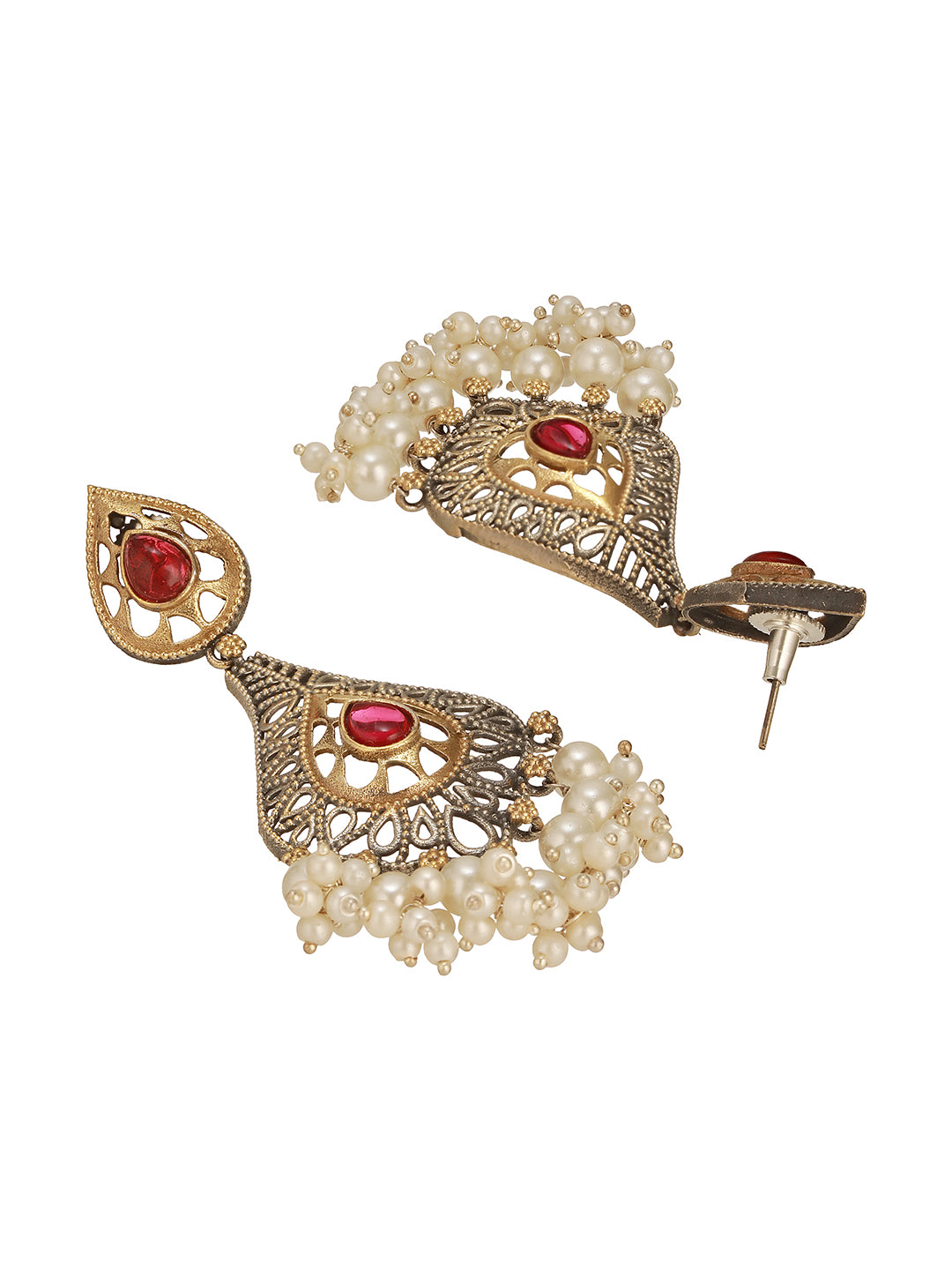 Oxidised Red Stone Studded Filigree Handcrafted Dangler Chandbali Earrings