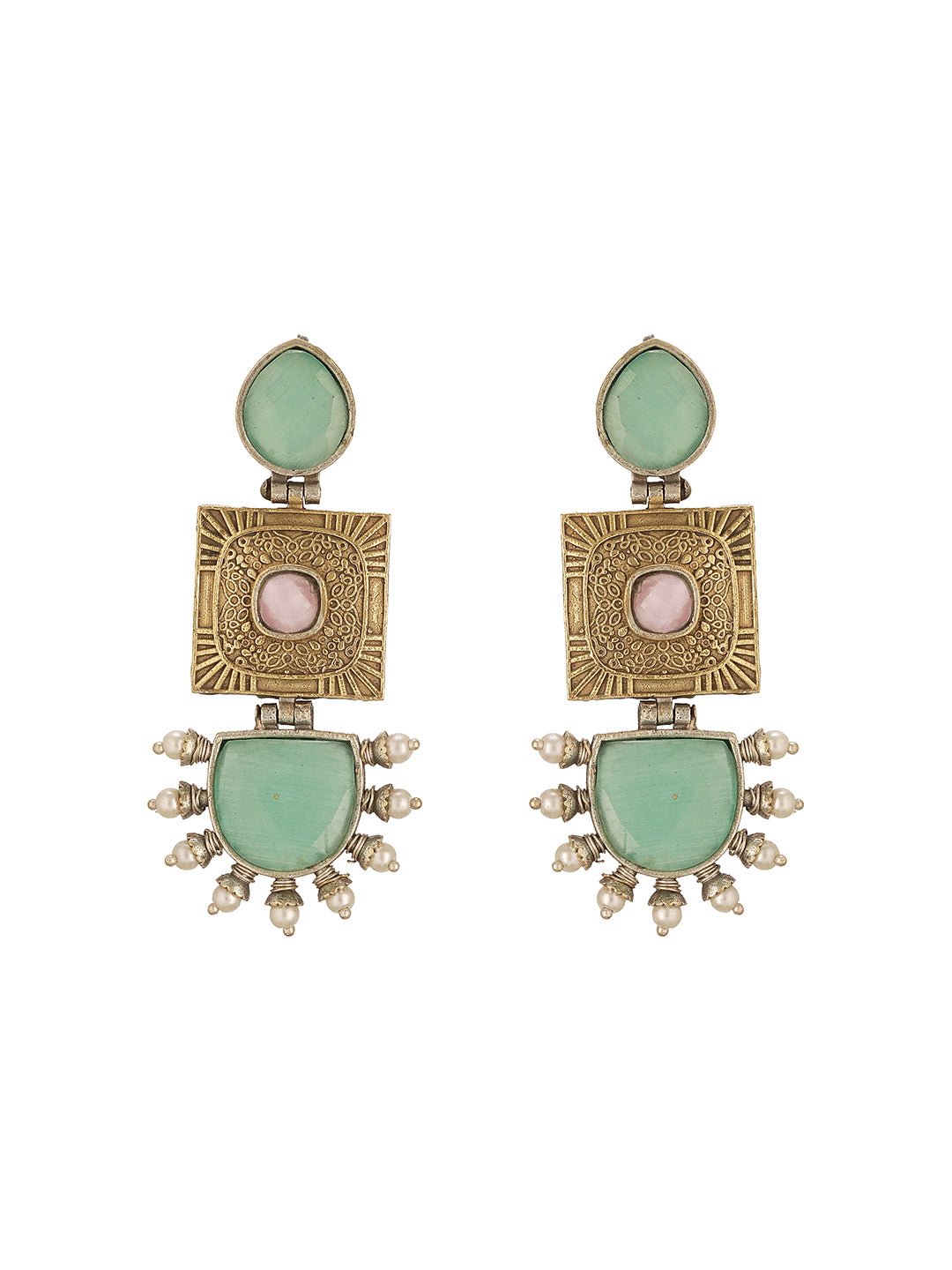 Oxidised Gold Toned Mint Stone Studded Contemporary Tribal Long dangler Earrings