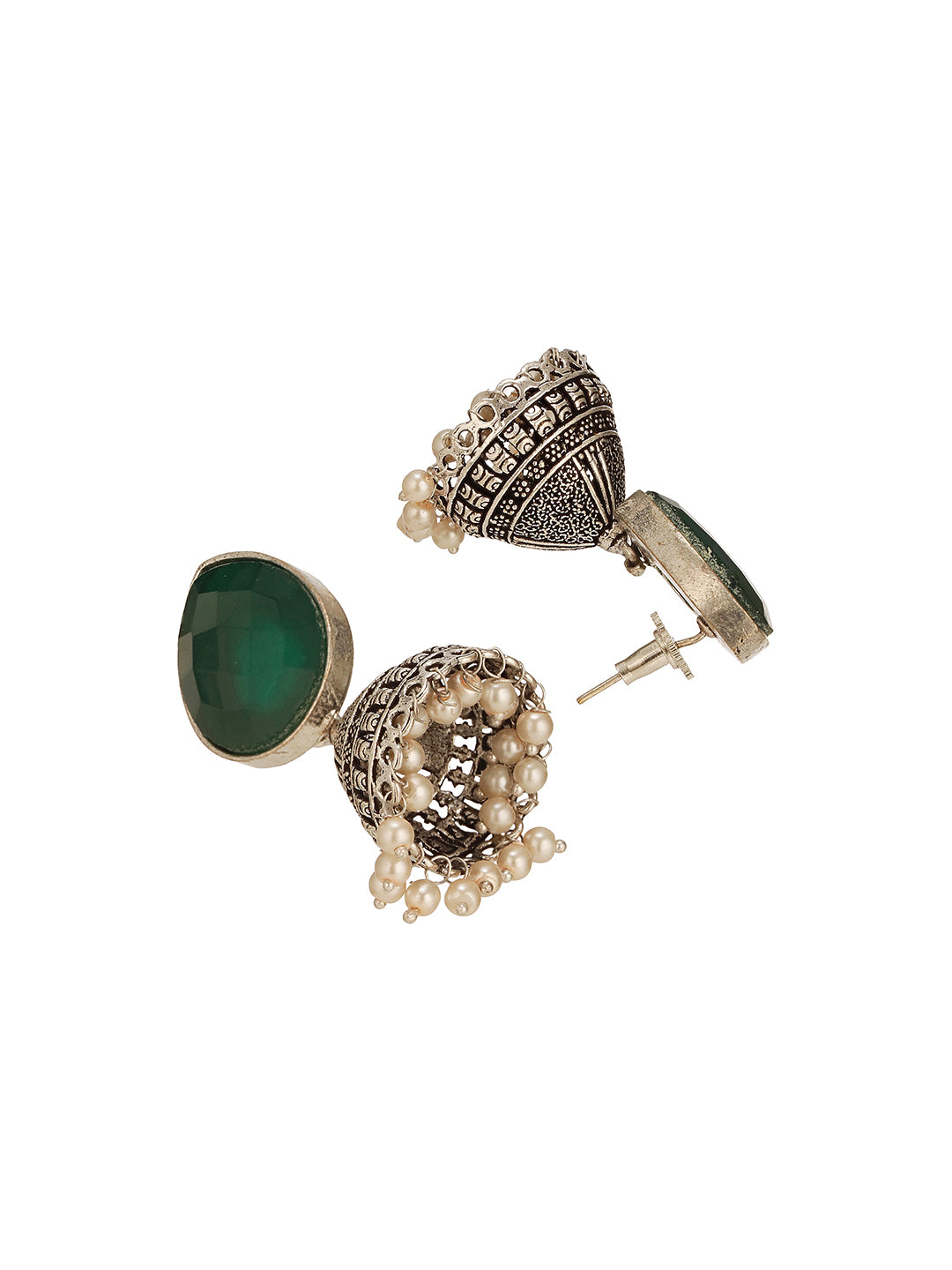 Oxidised Silver Toned Emerald Green Stone & Pearl Beaded Filigree Handcrafted Minimal Jhumka earrings