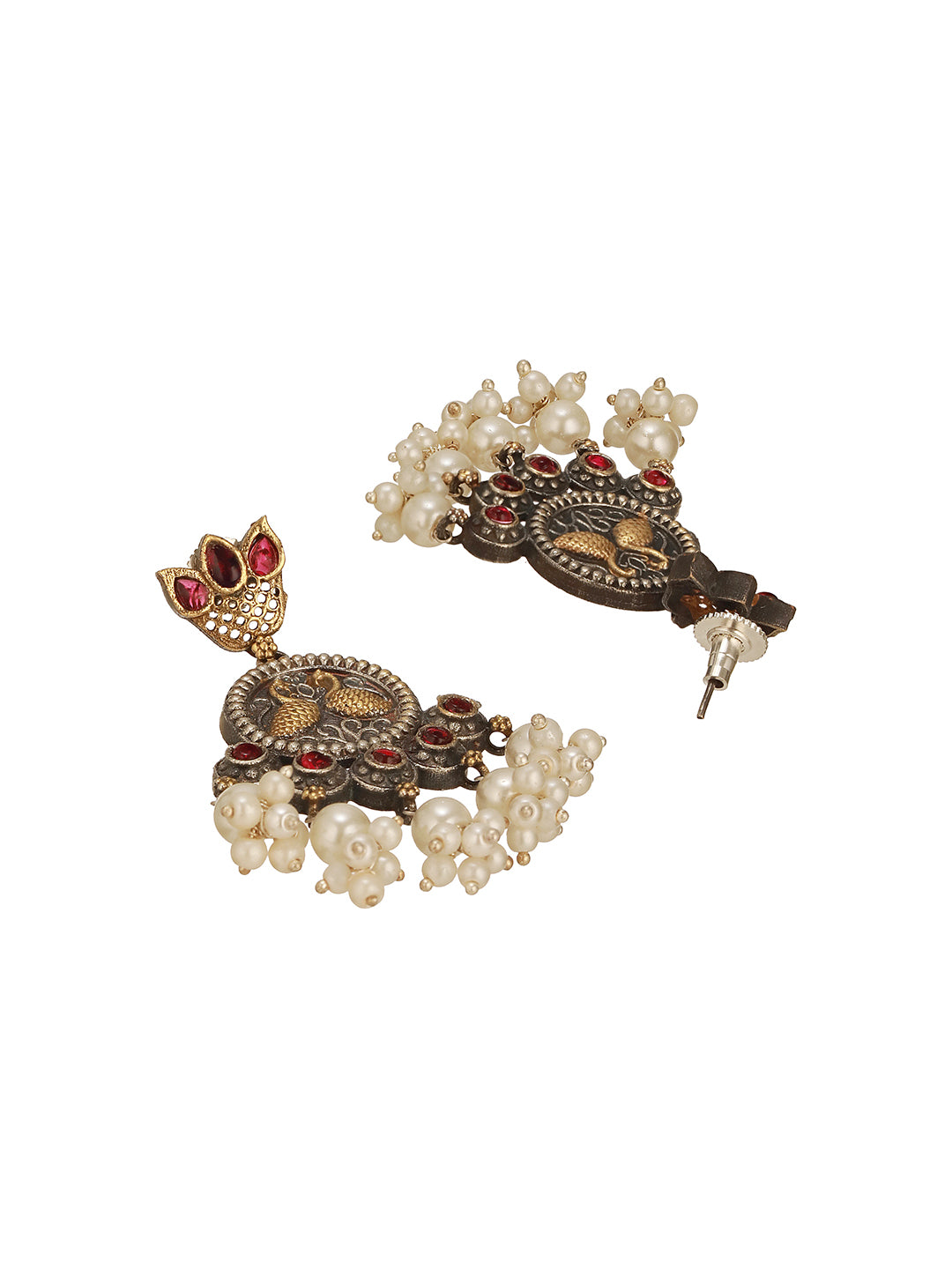 Oxidised Dual Toned Red Stone Pearl Beaded Handcrafted  Peacock Filigree Chandbali Earrings