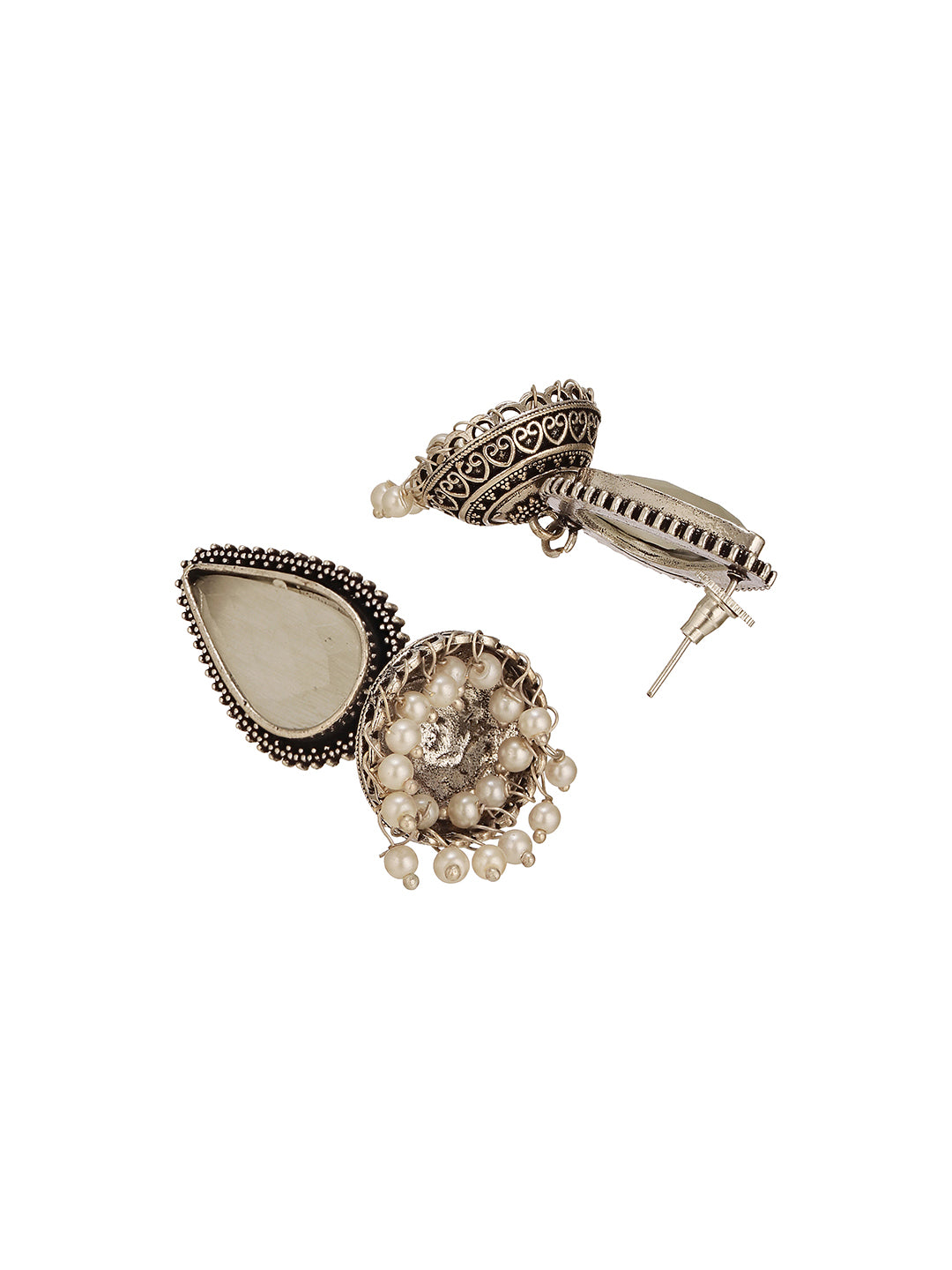 Oxidised Silver-Toned White  Stone & Pearl Beaded  Teardrop Stone Handcrafted Jhumka Earrings