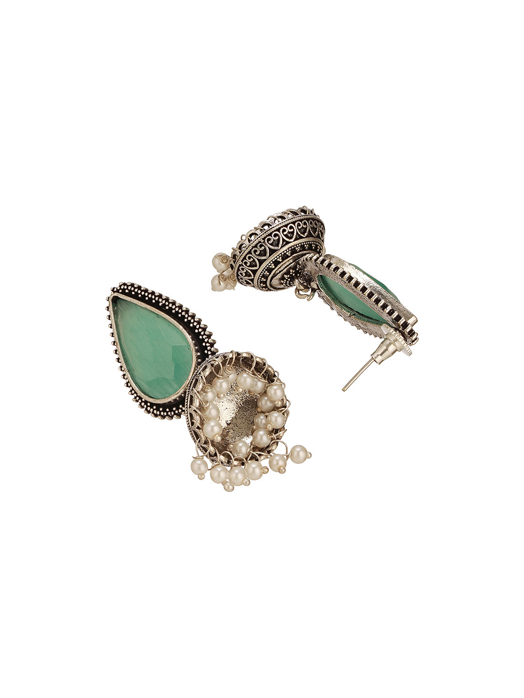 Oxidised Silver-Toned Green Stone & Pearl Beaded Teardrop Stone Handcrafted Jhumka Earrings