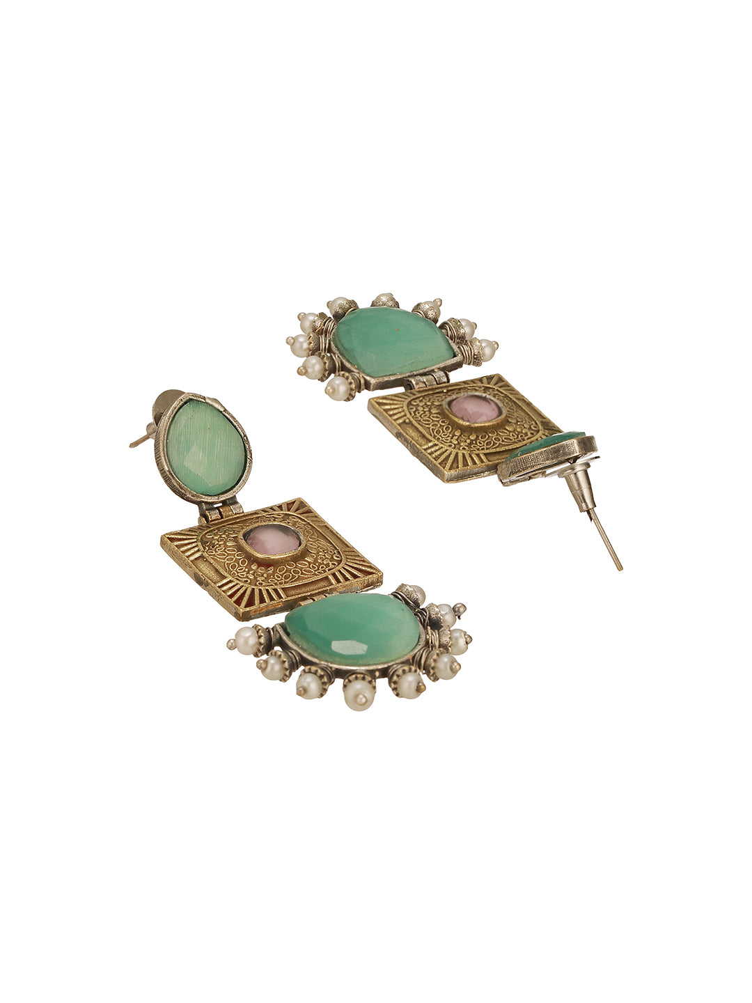 Oxidised Gold Toned Mint Stone Studded Contemporary Tribal Long dangler Earrings