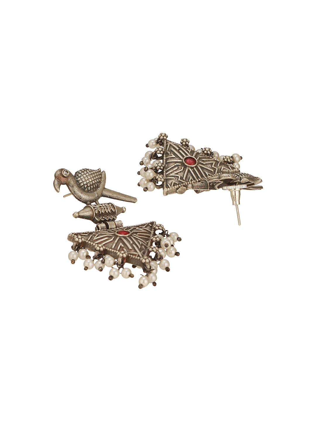 Oxidised Silver Toned Red Stone & Pearl Beaded Drop Handcrafted  Long Dangler Minimal Statement Earrings