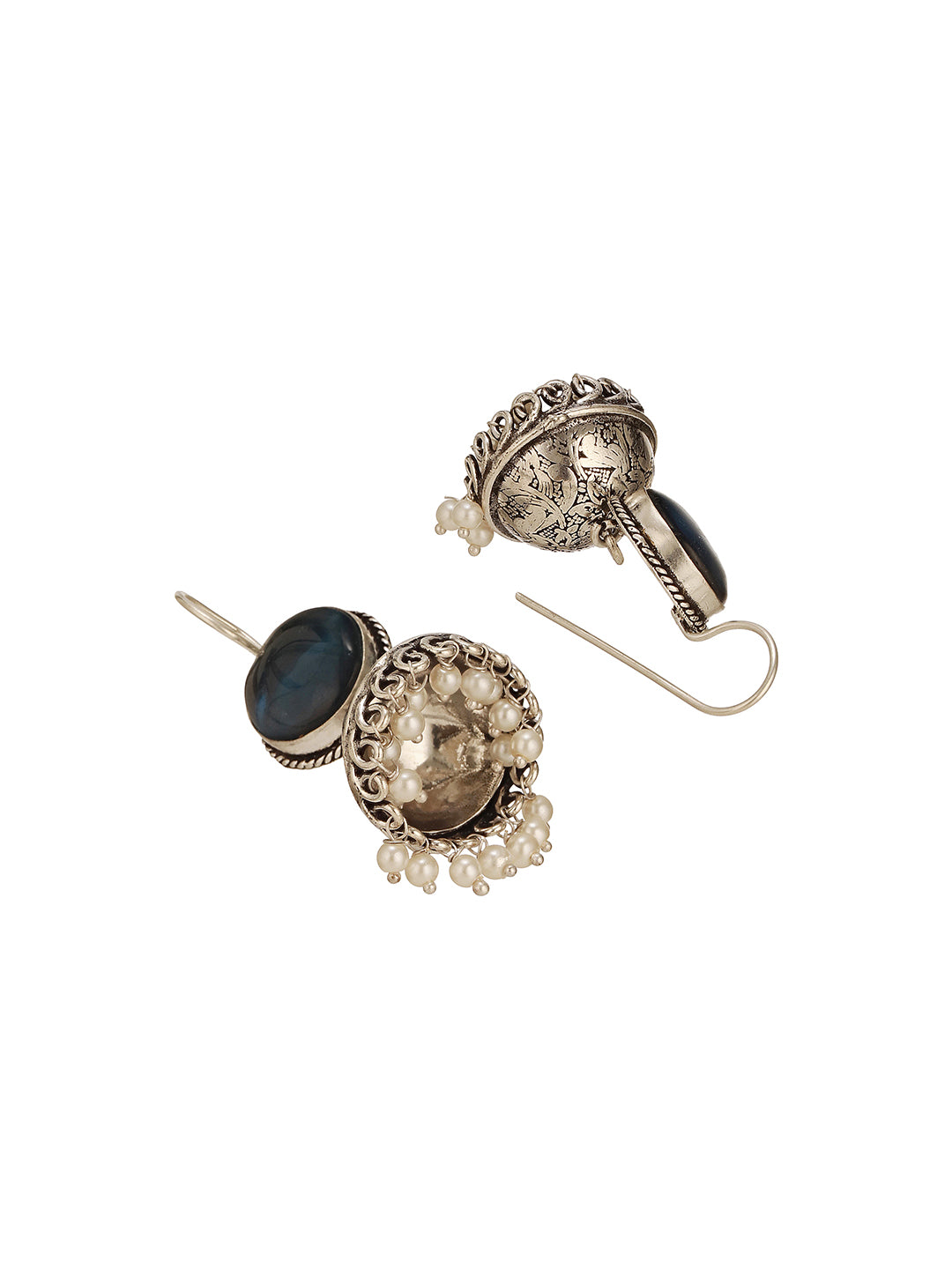 Oxidised  Silver Toned Ice Blue Stone  Fish Hook Contemporary  Jhumka Earrings