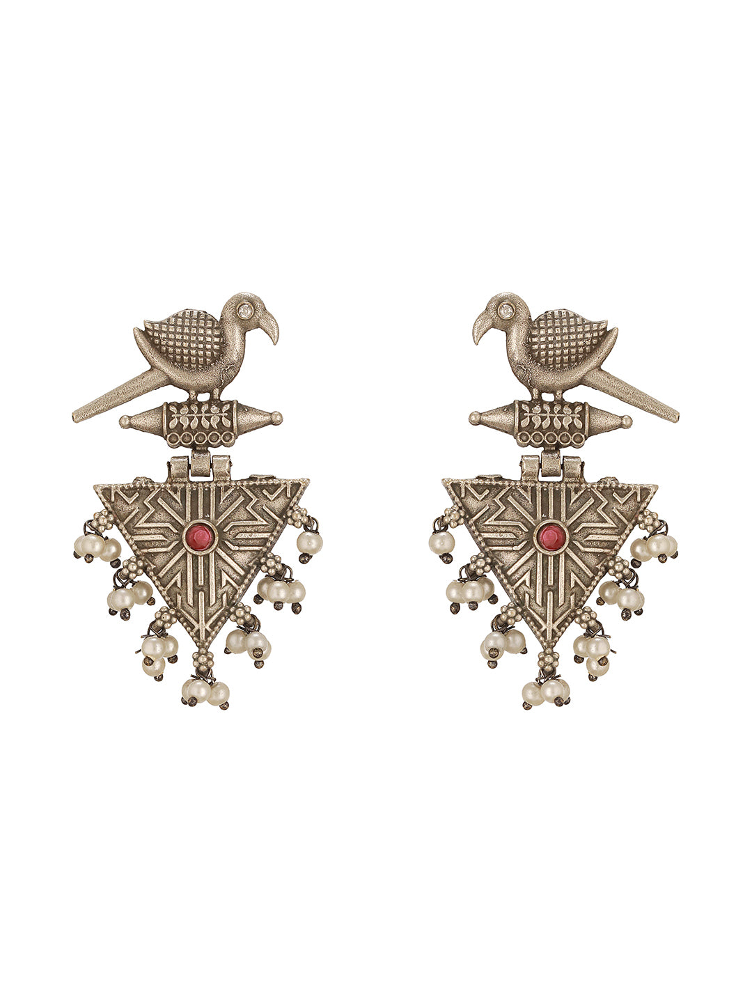 Oxidised Silver Toned Red Stone & Pearl Beaded Drop Handcrafted  Long Dangler Minimal Statement Earrings