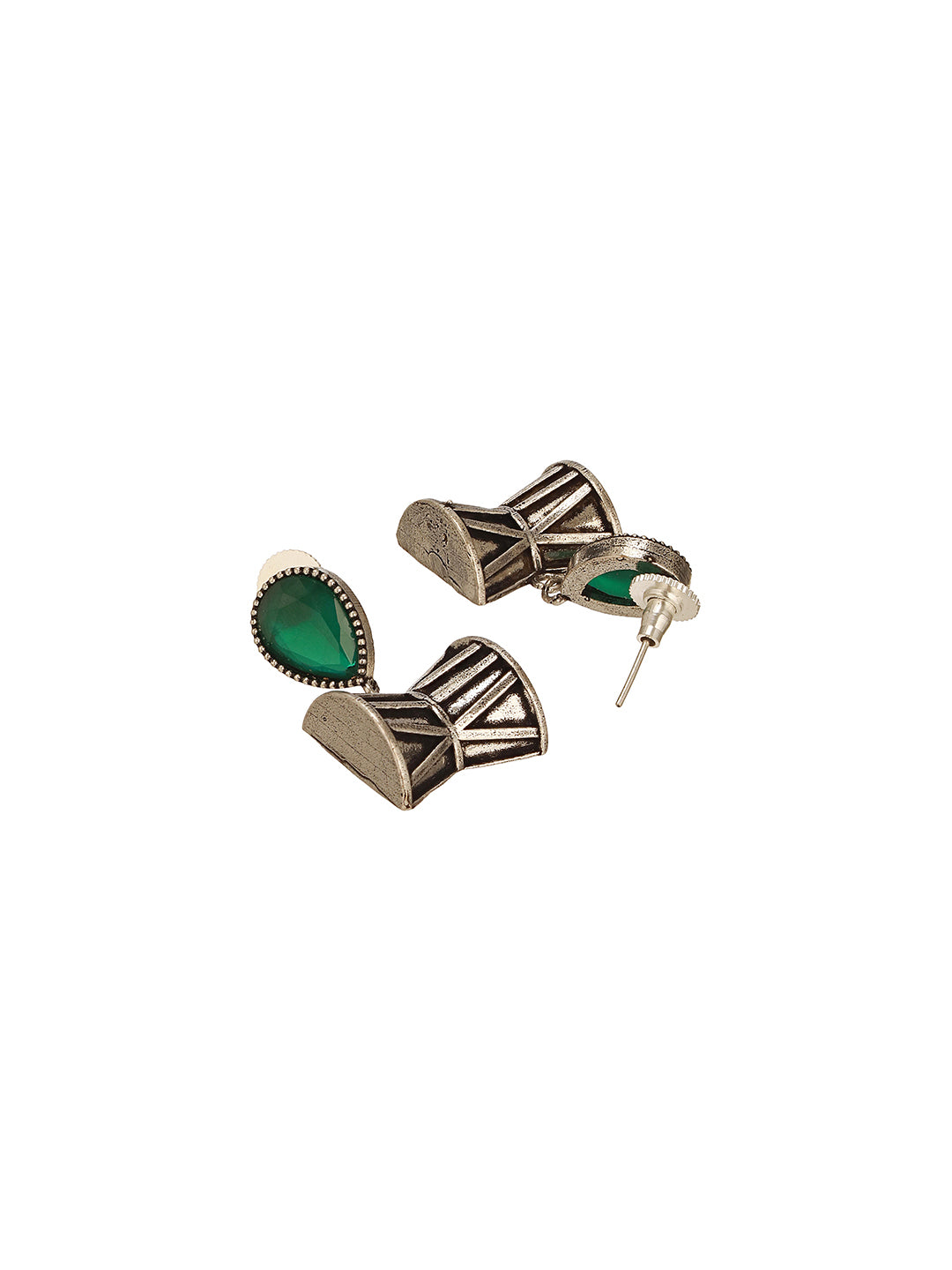 Oxidised Silver Toned Emerald AD Zircon Studded Handcrafted  Damru Shaped Studds Earrings