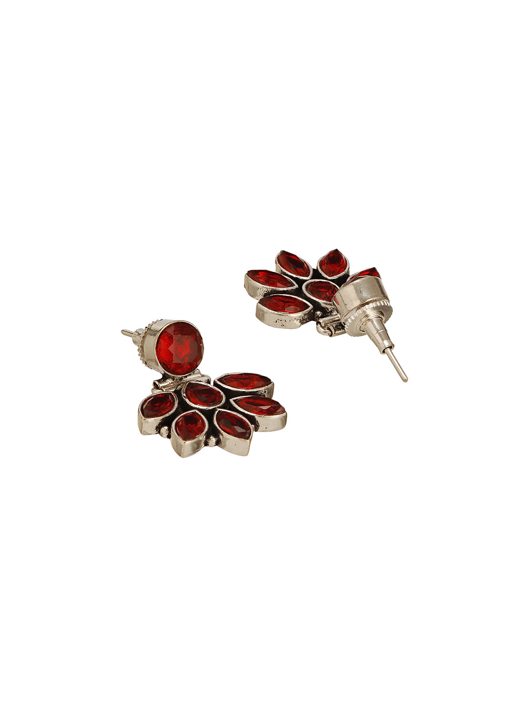 Silver Toned Fiery Red AD Zircon Studded Floral Minimal Earrings