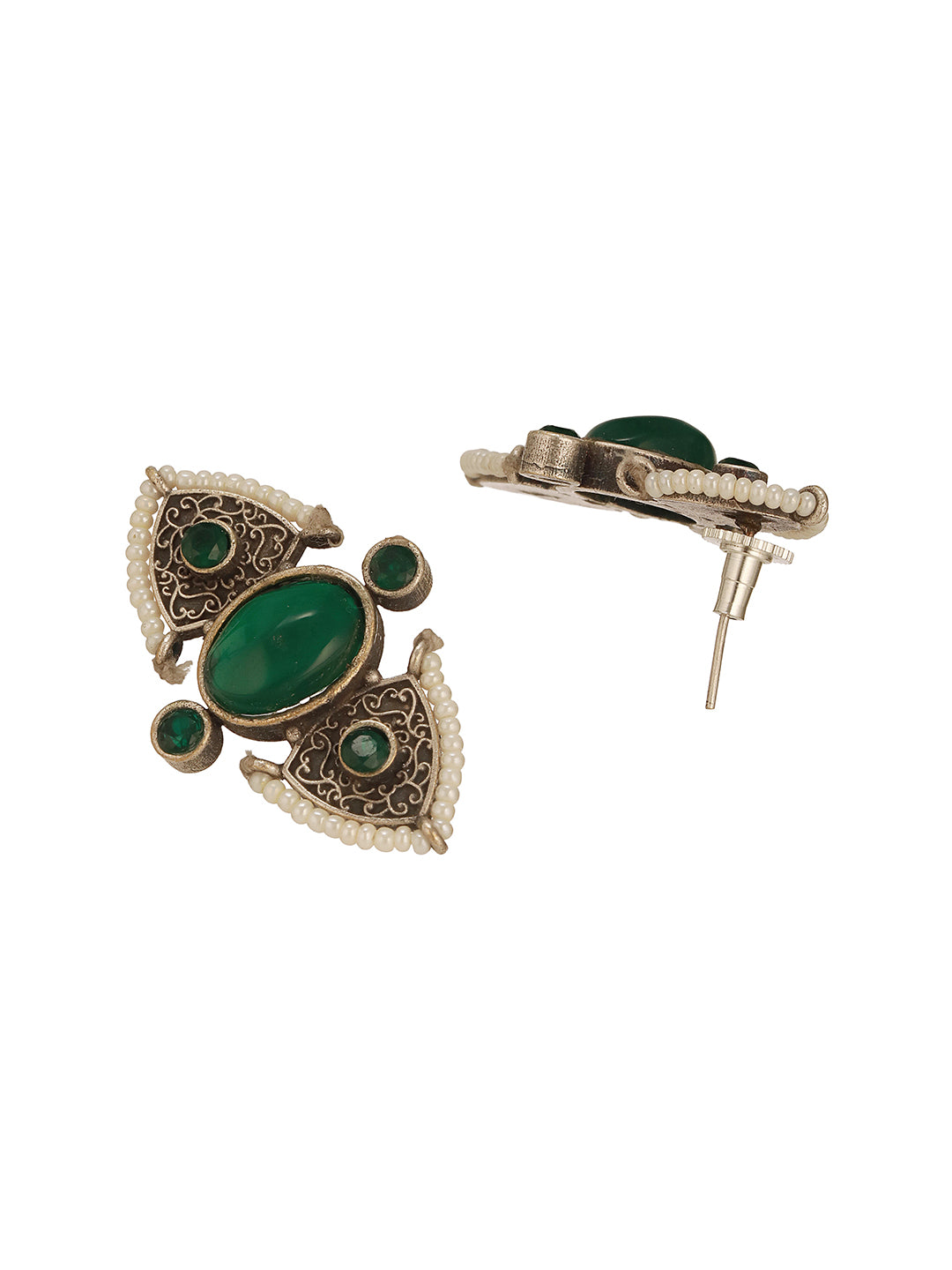 Oxidised Silver Toned Green Stone Studded Unique Pearl Beaded Handcrafted Studds earrings