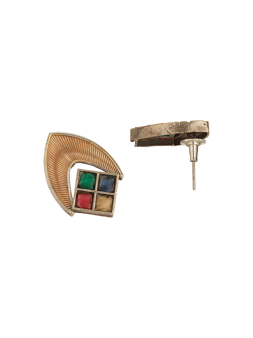 Oxidised Matt Gold Plated Multicolored Stone Studded Contemporary Minimal Studds Earrings