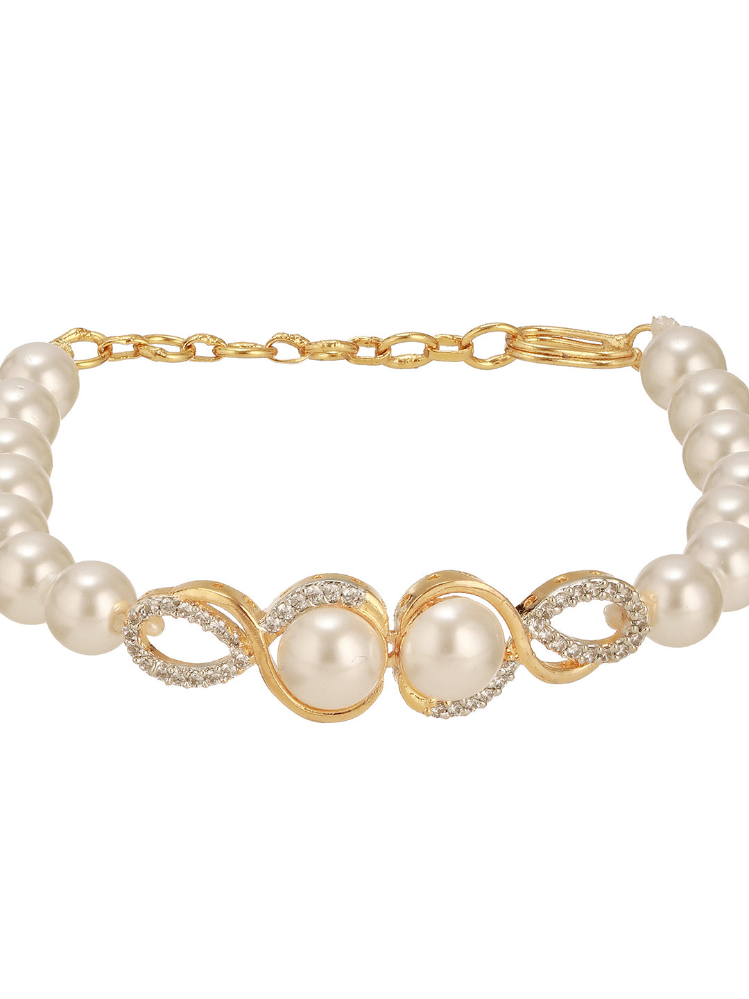 Combo Gold Plated White AD & Pearl Studded Floral Minial Ring, Bracelet With Earrings Jewellery Set