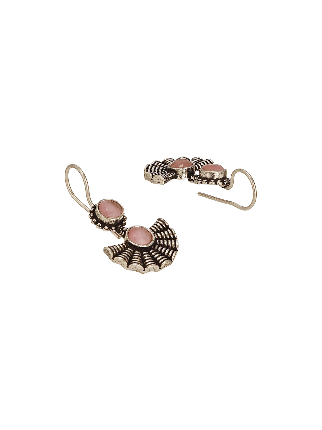 Oxidised Silver Plated Pink  Stone Studded Minimal Fan Shaped Fishhook Earrings