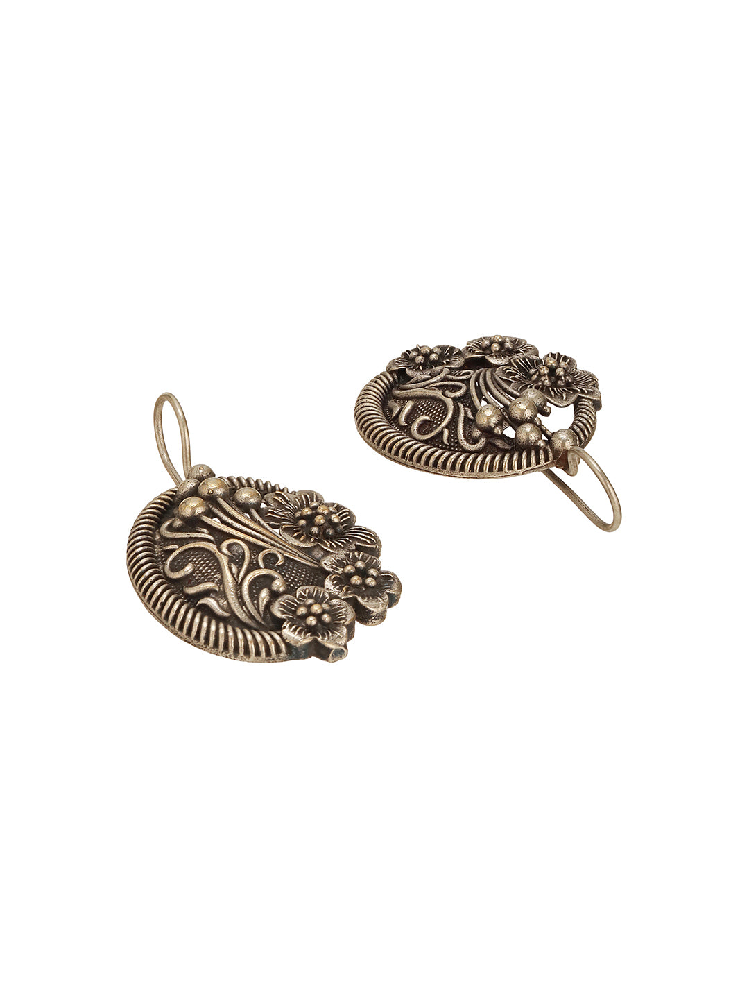 Oxidised Silver Toned Floral Design Minimal Fishhook Drop Earrings