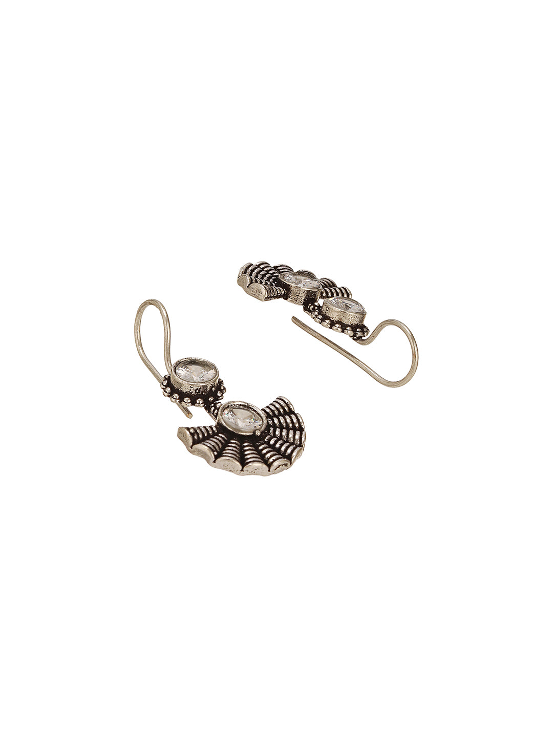 Oxidised Silver Plated White Stone Studded Minimal Fan Shaped Fishhook Earrings