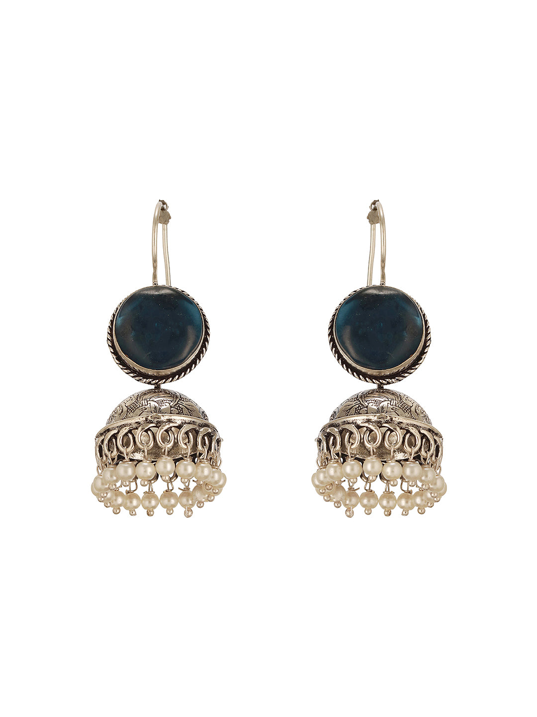 Oxidised  Silver Toned Ice Blue Stone  Fish Hook Contemporary  Jhumka Earrings
