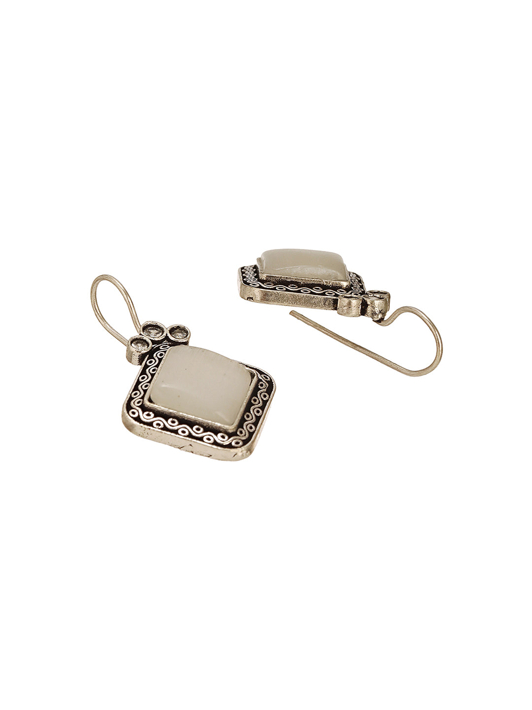 Silver Oxidised  Plated White Stone Studded Square Minimal Fish Hook Earrings
