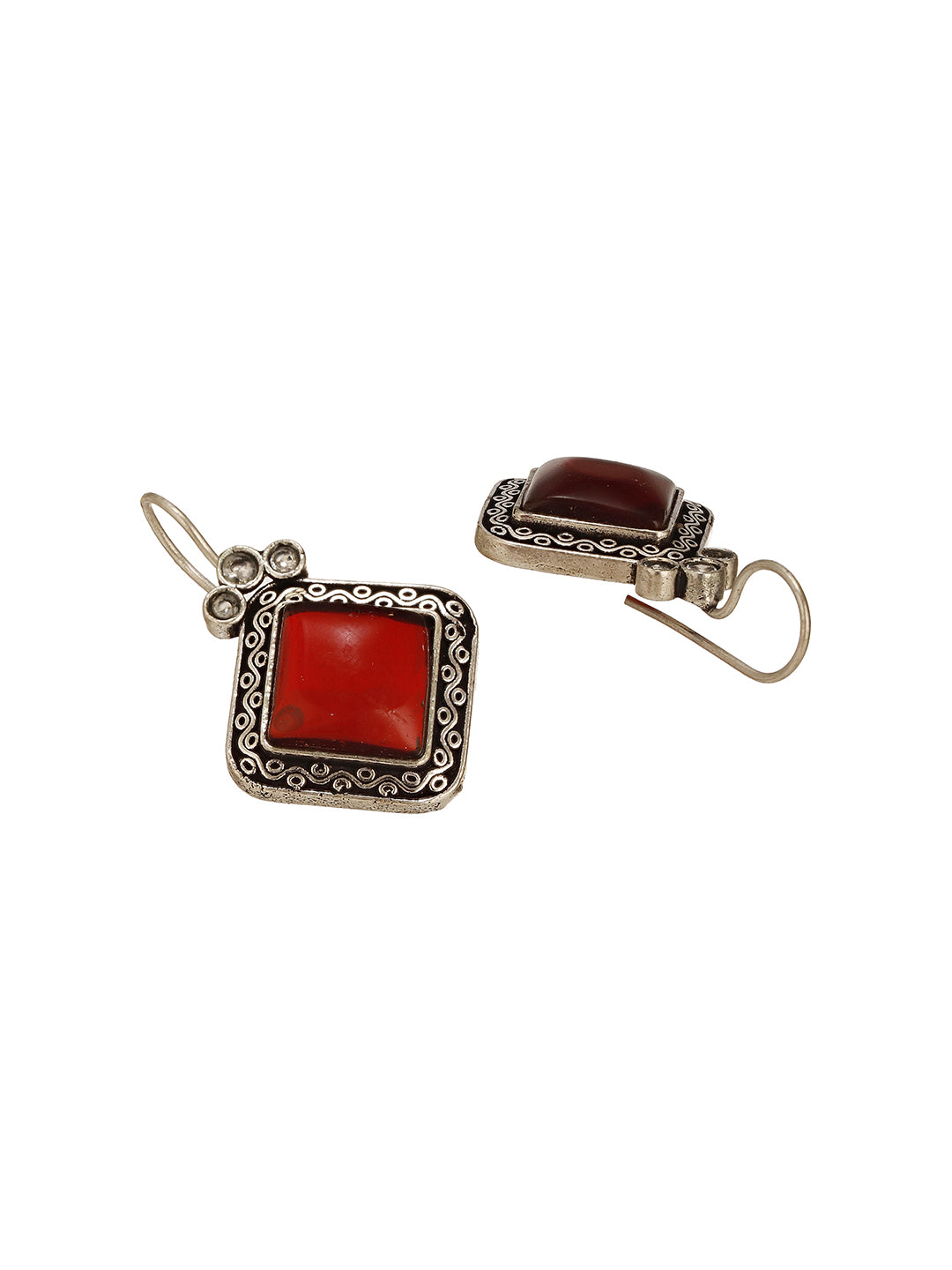 Oxidised Silver Plated Red  Stone Studded Square Minimal Fish Hook Earrings