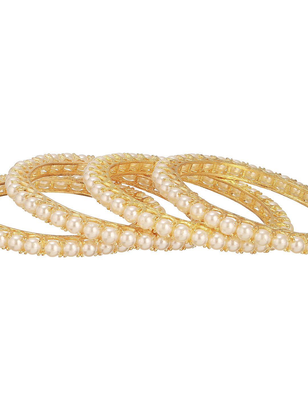 Set Of 4 Gold Polish Pearl Beaded Partywear Bangles
