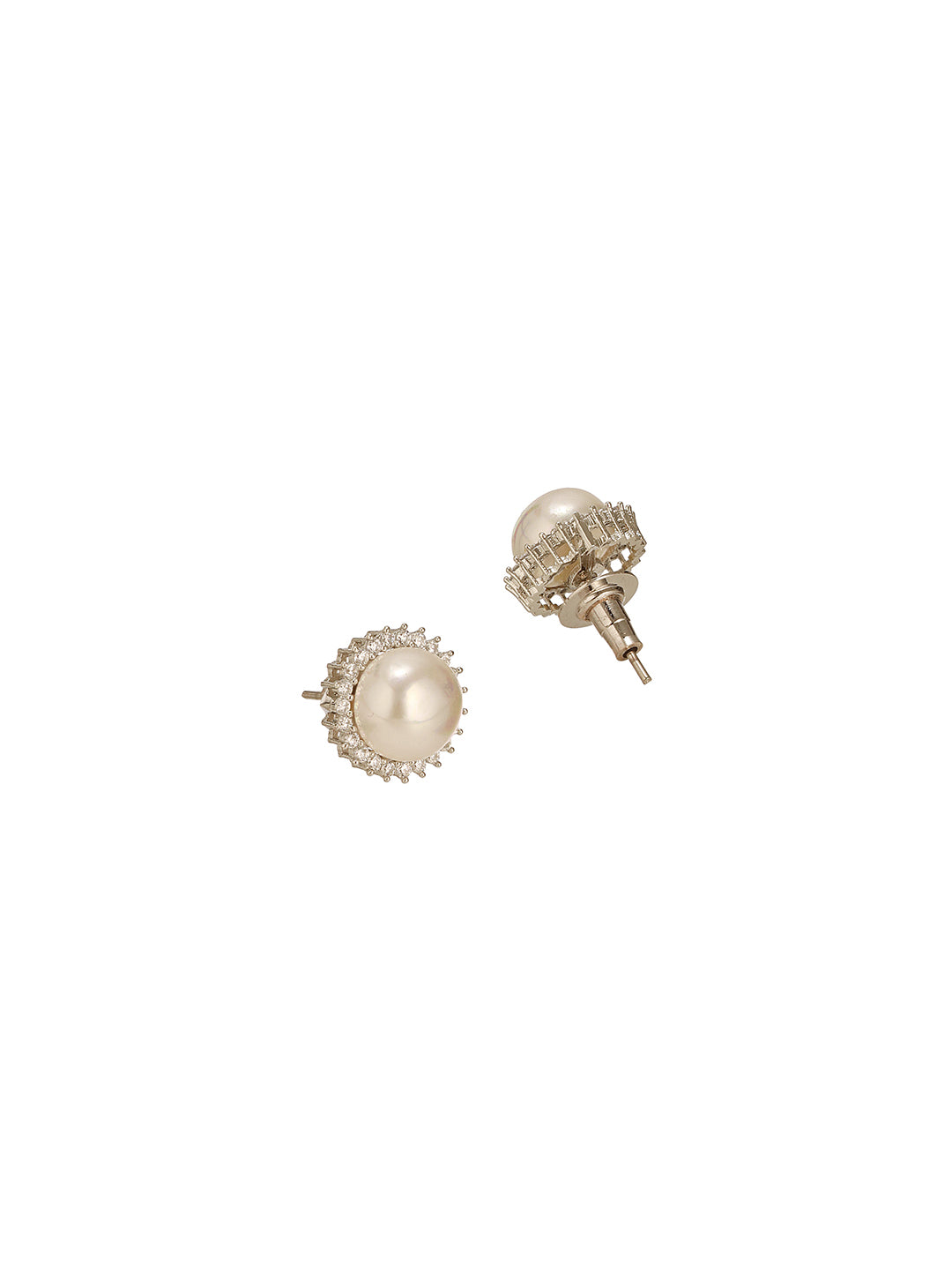 White Rhodium AD & Pearl Studded  Classic Minimal Solitaire Studds Earrings