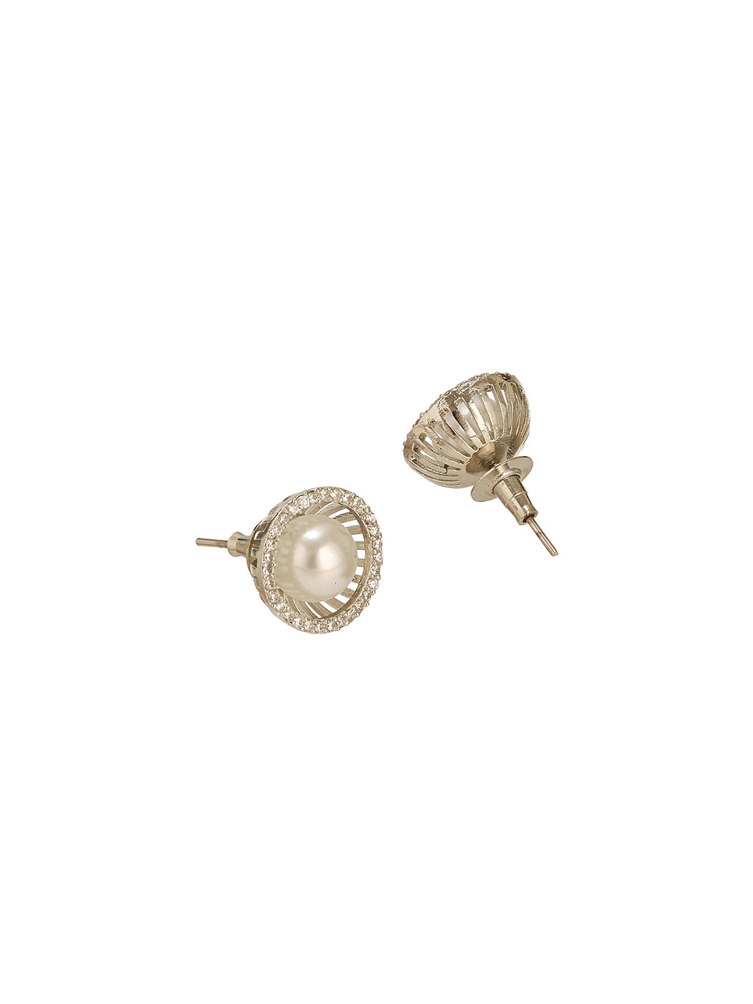 Silver Plated AD Studded Orbital  Pearl Minimal Studds Earrings