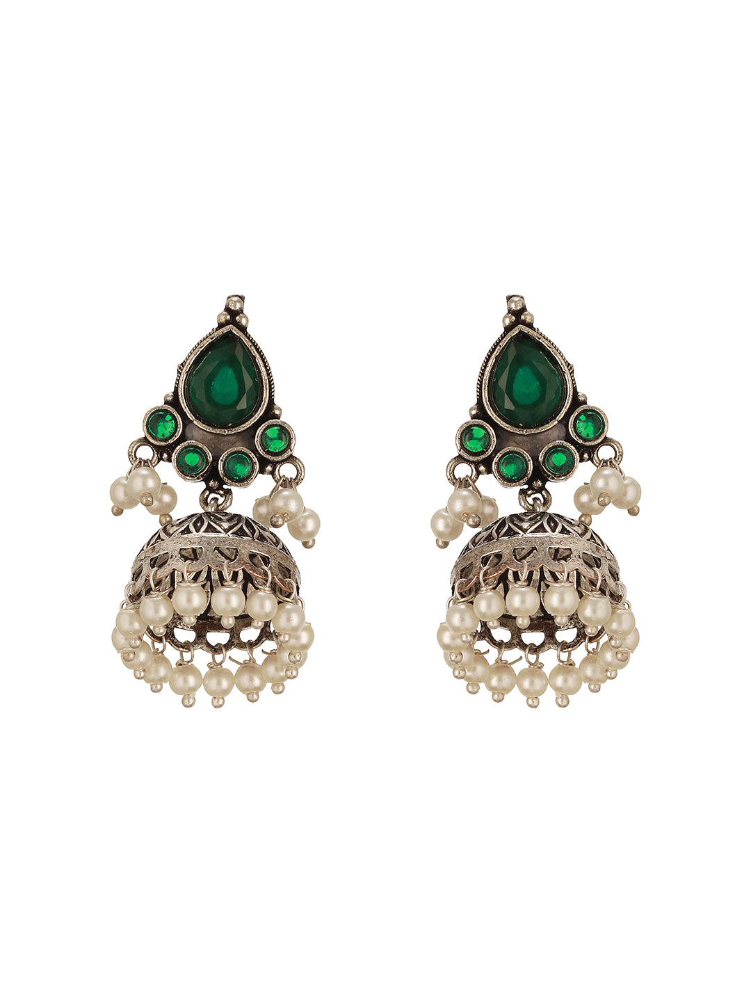 Oxidised Silver Toned Emerald Green AD Zircon & Pearl Beaded Dangler Minimal  Jhumka Earrings