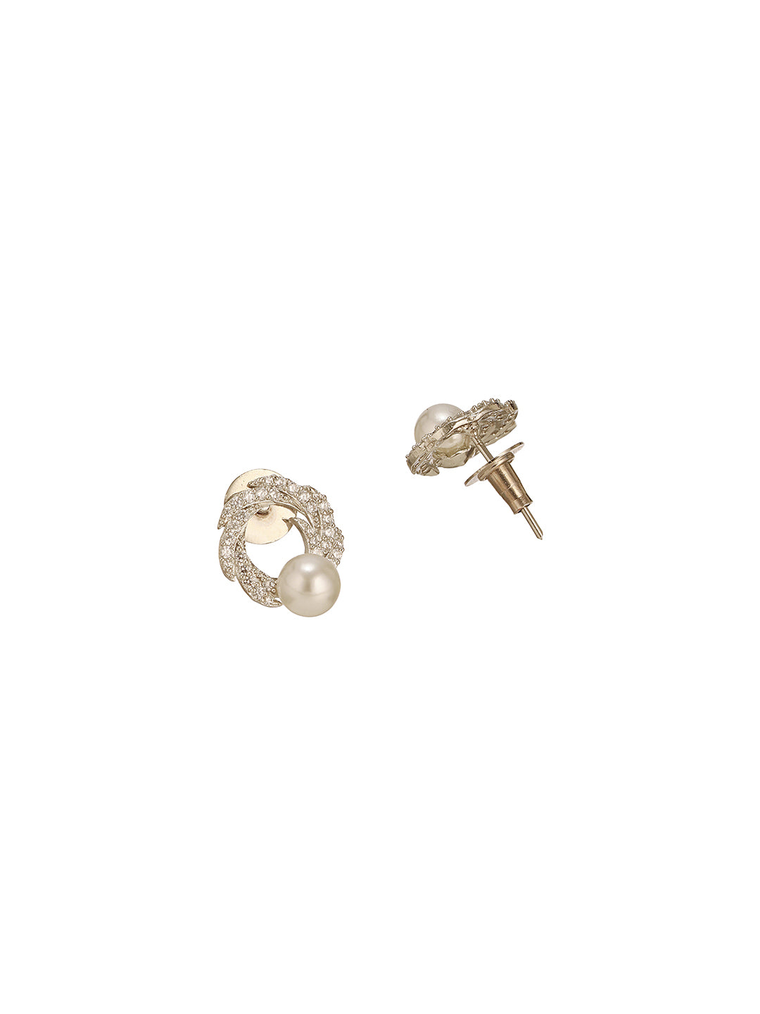 Silver Plated AD & Pearl Studded Floral Minimal  Contemporary Studds earrings