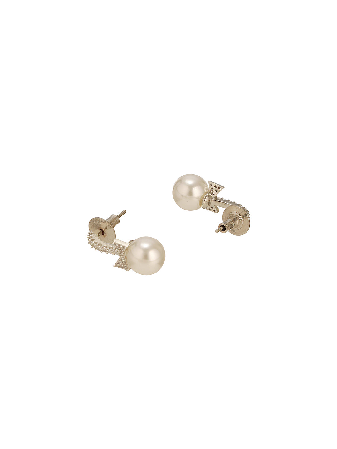 White Rhodium Plated AD  & Pearl Studded Bow Pearl Drop  Minimal earrings