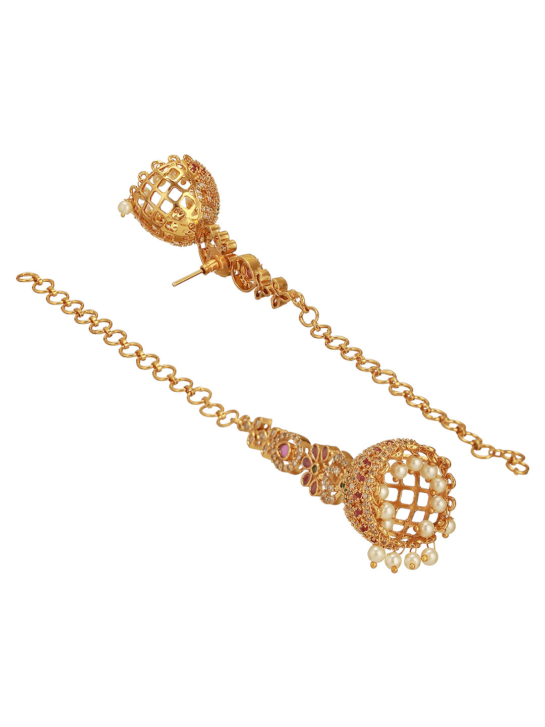Gold Plated Zircon AD Studded Floral Bridal Matil Earchain  Earrings