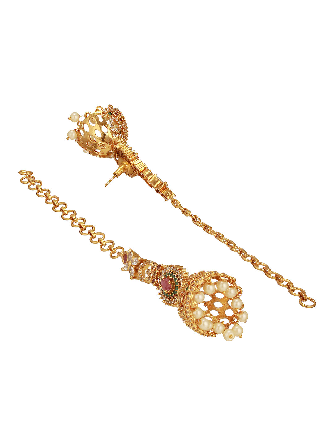 Antique Gold Plated Ruby Red Zircon AD Studded With Matil Earchain Earrings