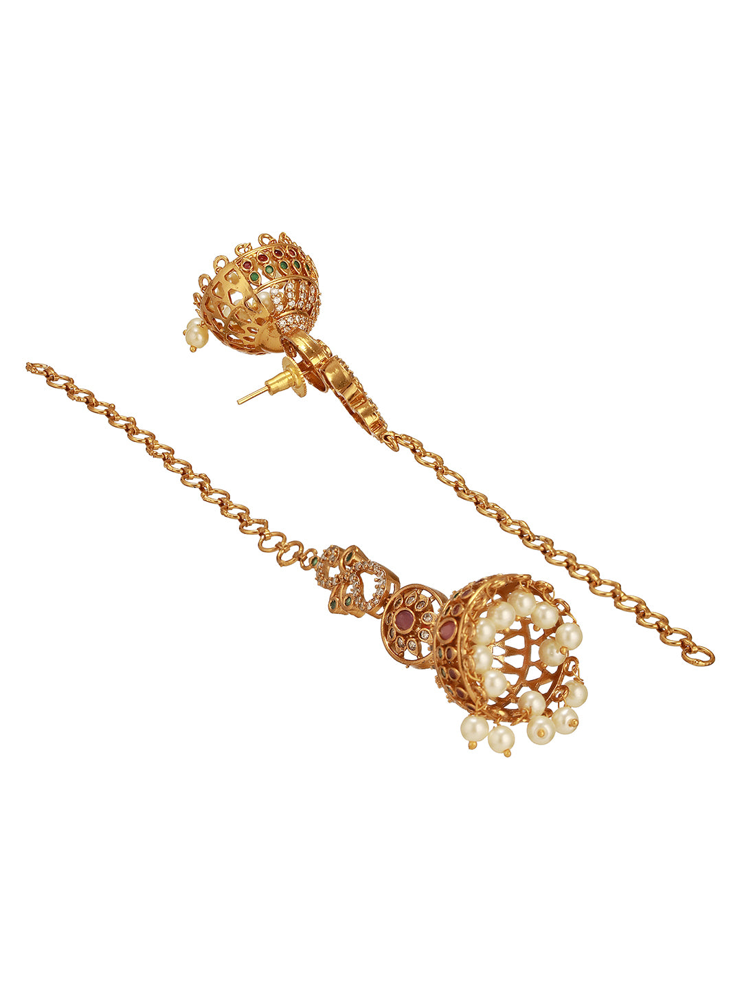 Gold Plated Zircon AD Studded  Red Floral Bridal Matil Earchain  Earrings