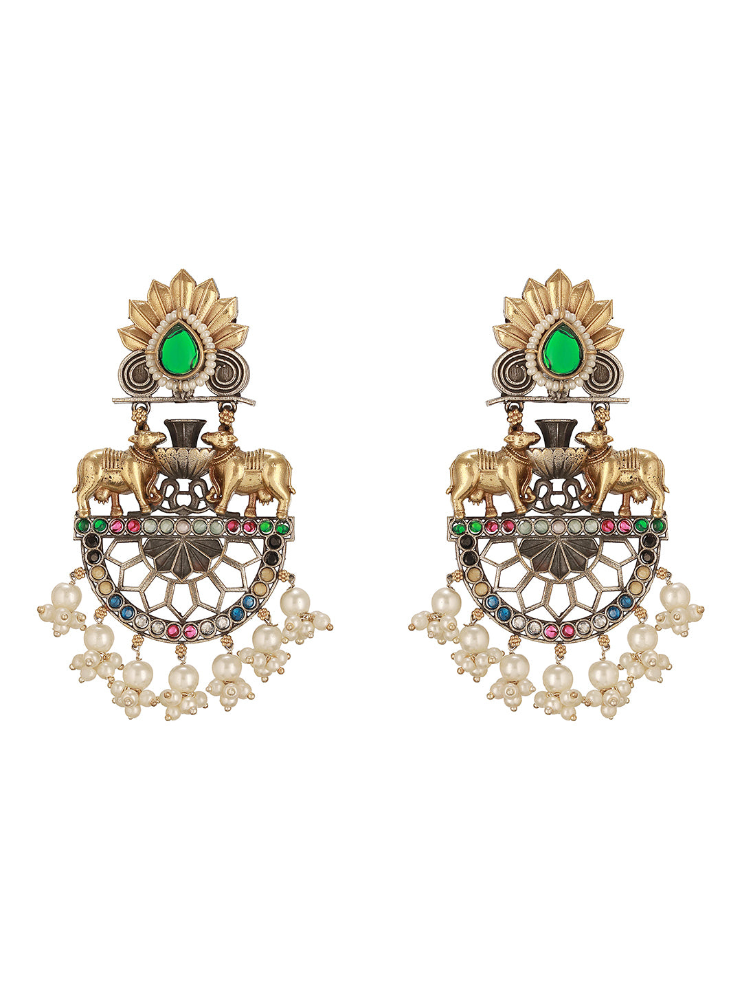 Antique Gold Oxidised Emerald Green Stone & Pearl Beaded Nandi Motif  Tribal Contemporary Chandbali Dangler Earrings
