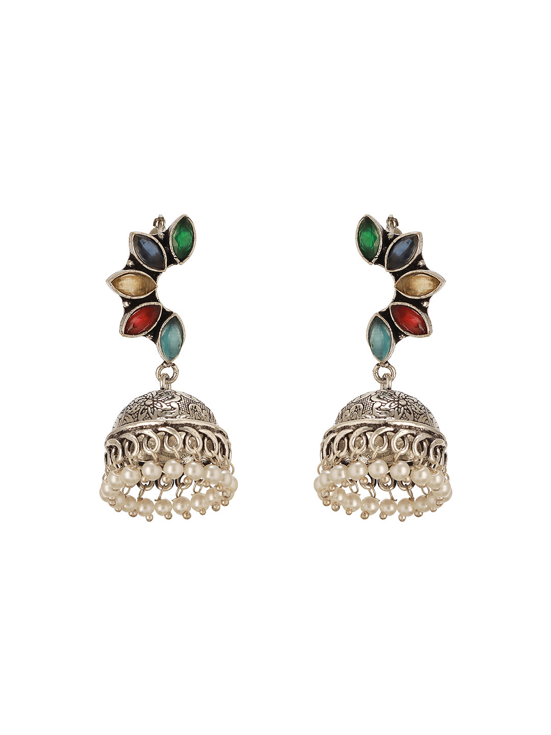 Oxidised Silver Toned Multicolored Handcrafted C Shaped Dangler Minimal  Jhumka Earrings