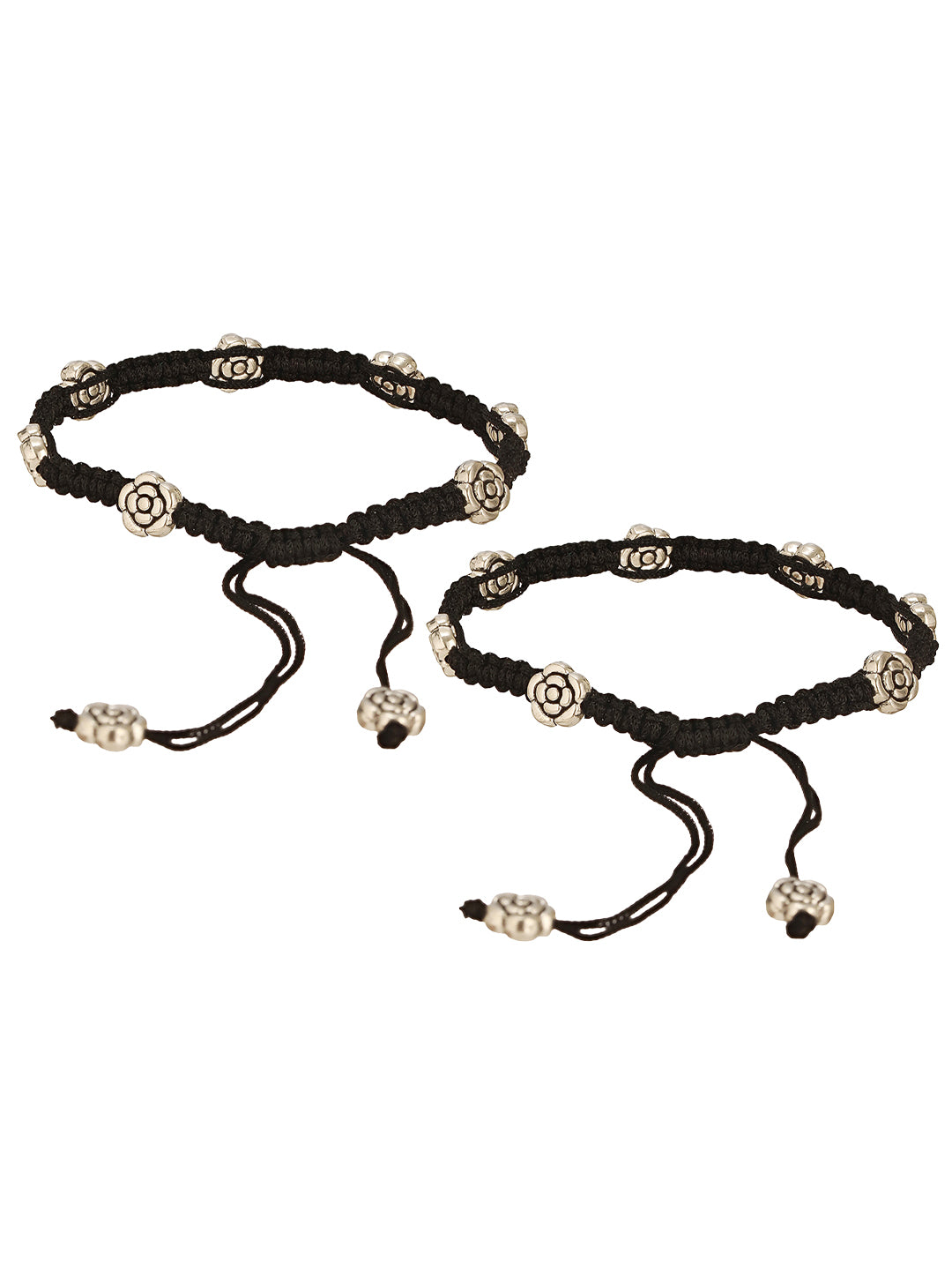 Set of 2 Silver Oxidised Stone Studded Flower Design Minimal Dailywear Anklet Payal