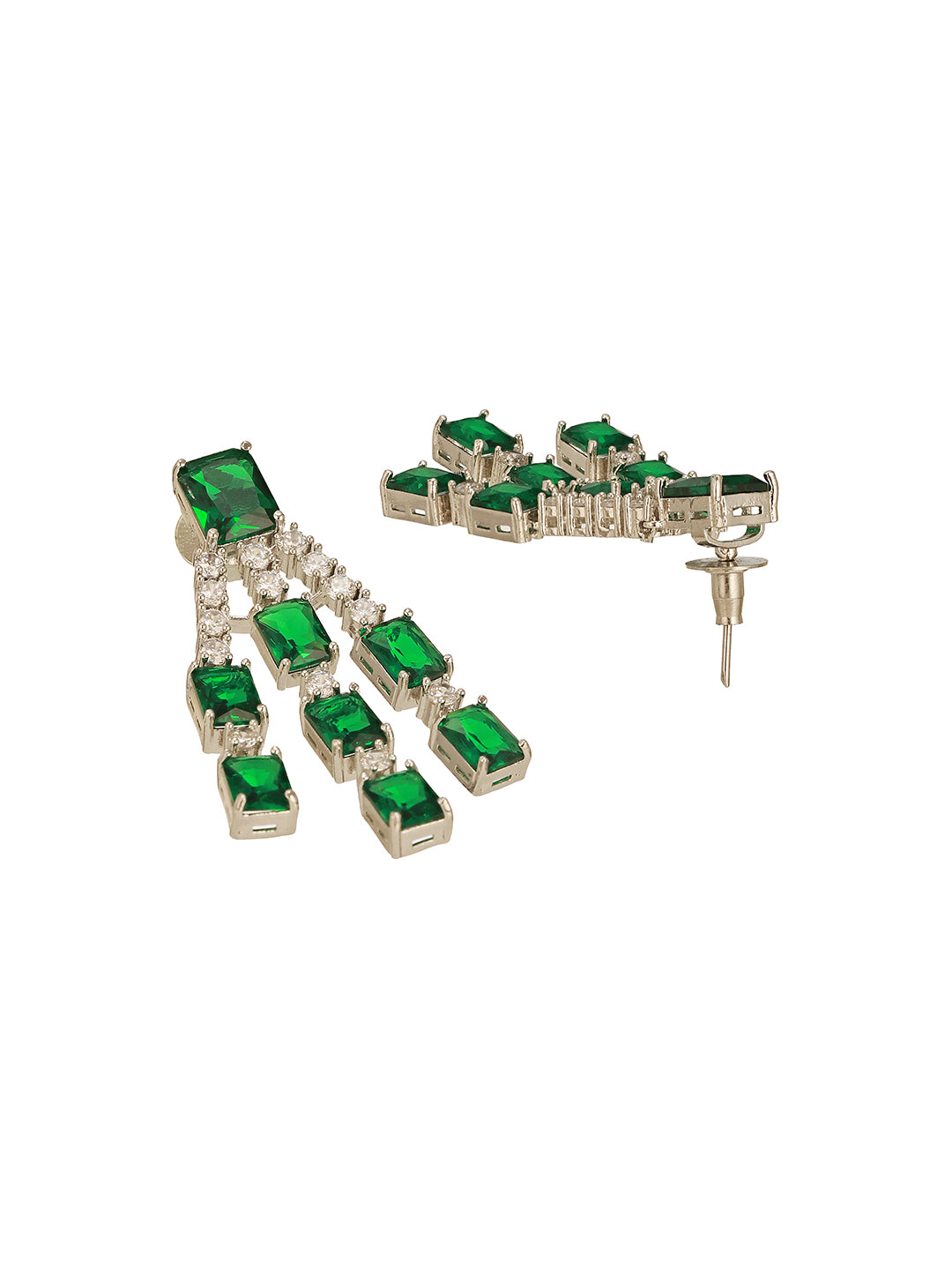 Silver Plated Emerald Green  AD Studded Layered Statement Necklace Jewellery Set