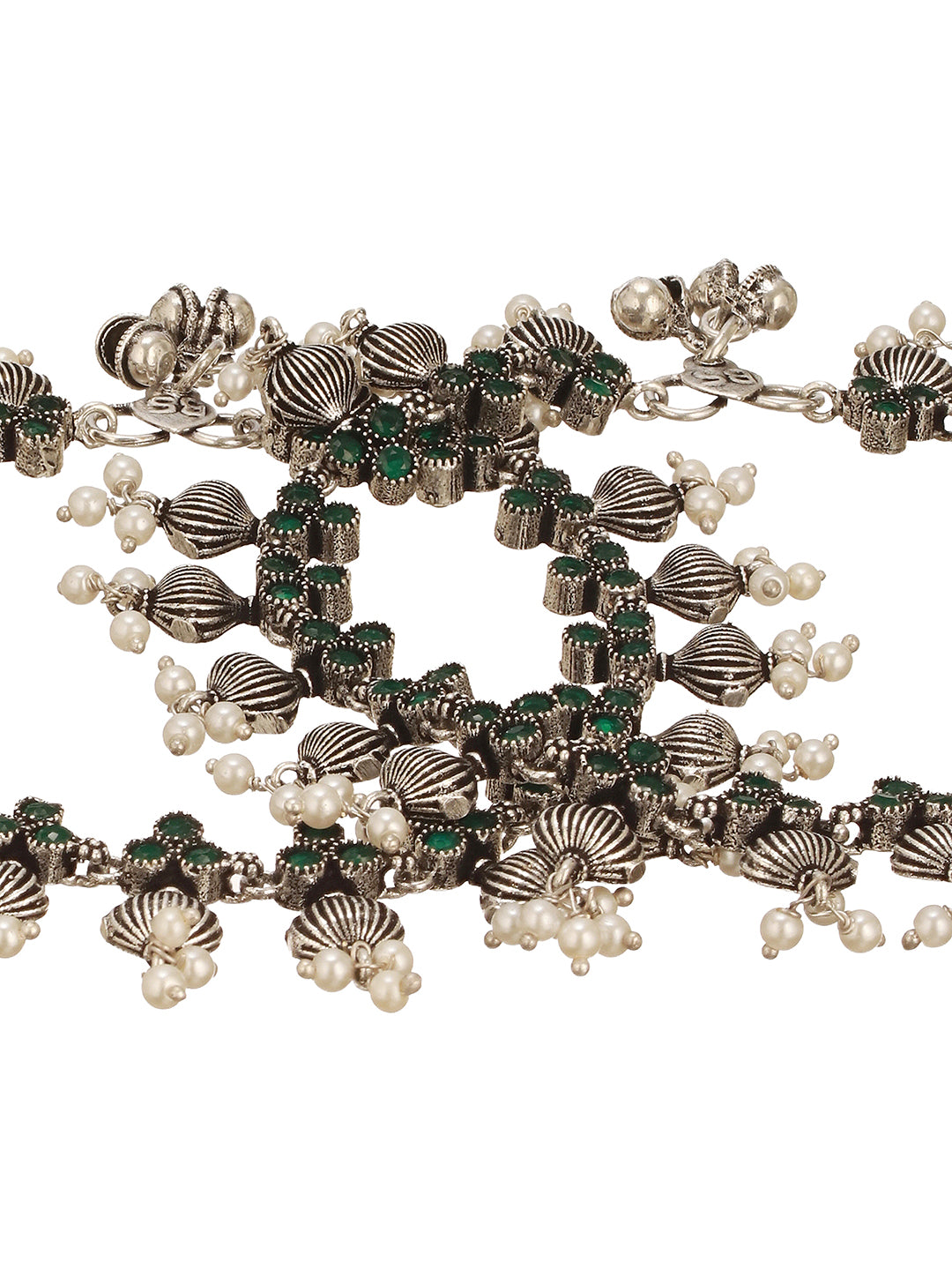 Set of 2 Silver Oxidised Green Stone Studded  Flower Minimal Dailywear Anklet Payal