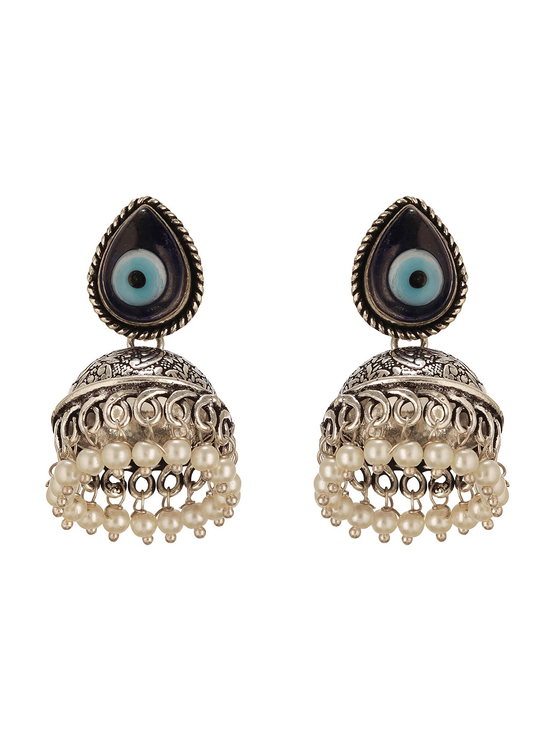 Oxidised Silver Toned Evil Eye Handcrafted  Minimal Trendy Jhumka Earrings