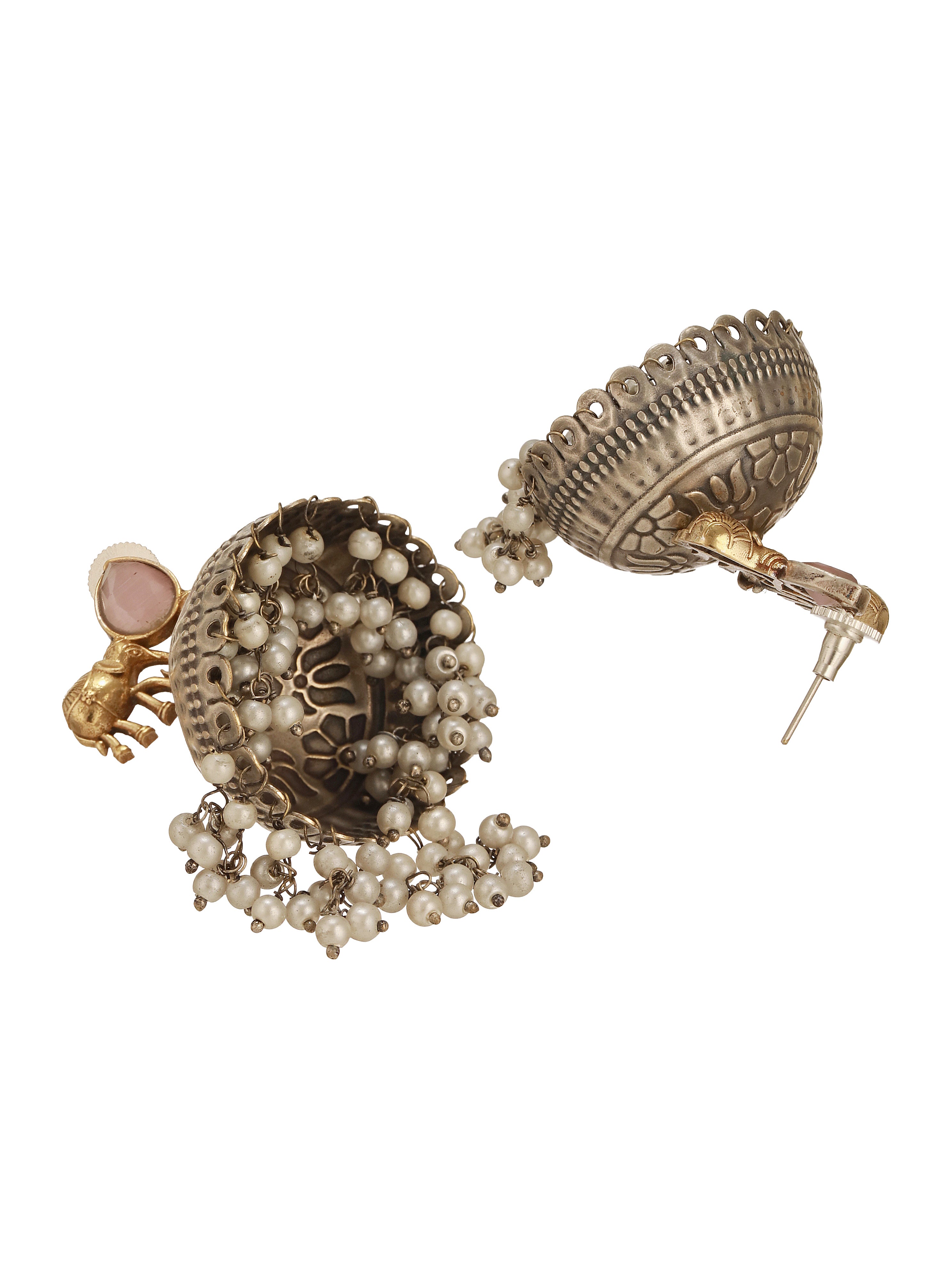 Oxidised Silver Plated Fusion Contemporary  Elephant Motif Statement Hasli With Jhumka Jewellery Set