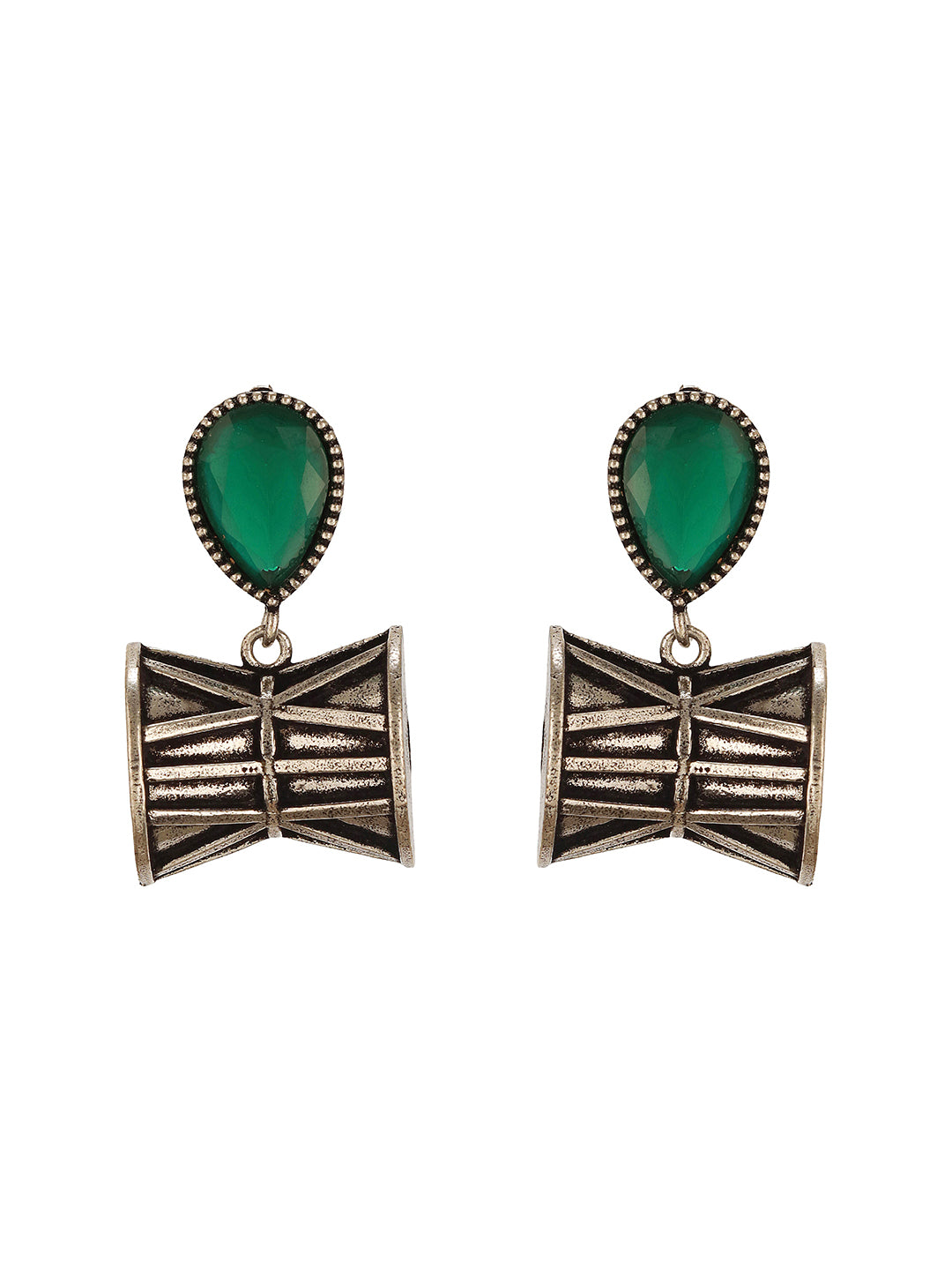 Oxidised Silver Toned Emerald AD Zircon Studded Handcrafted  Damru Shaped Studds Earrings