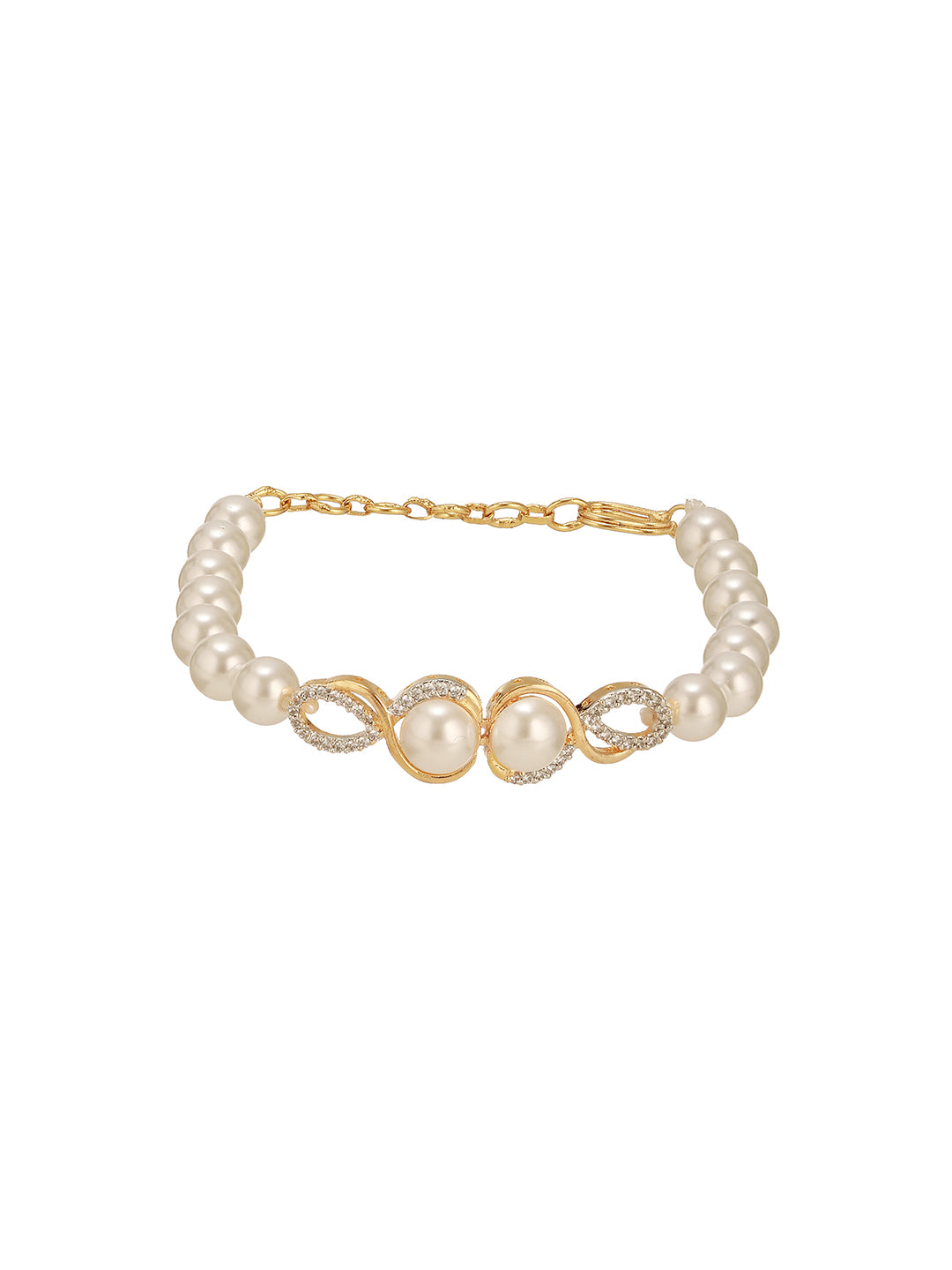 Combo Gold Plated White AD & Pearl Studded Floral Minial Ring, Bracelet With Earrings Jewellery Set