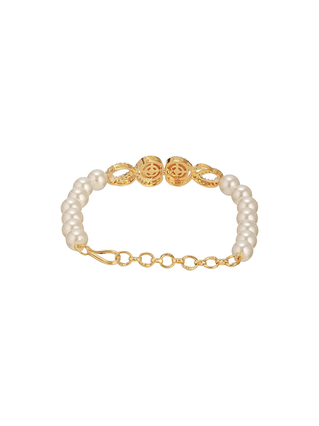 Combo Gold Plated White AD & Pearl Studded Floral Minial Ring, Bracelet With Earrings Jewellery Set