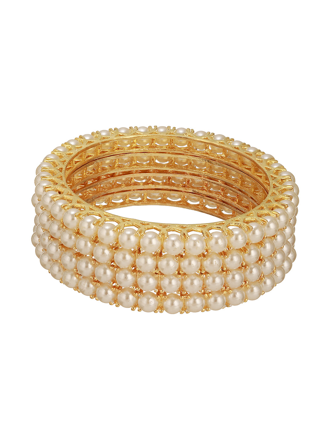 Set Of 4 Gold Polish Pearl Beaded Partywear Bangles