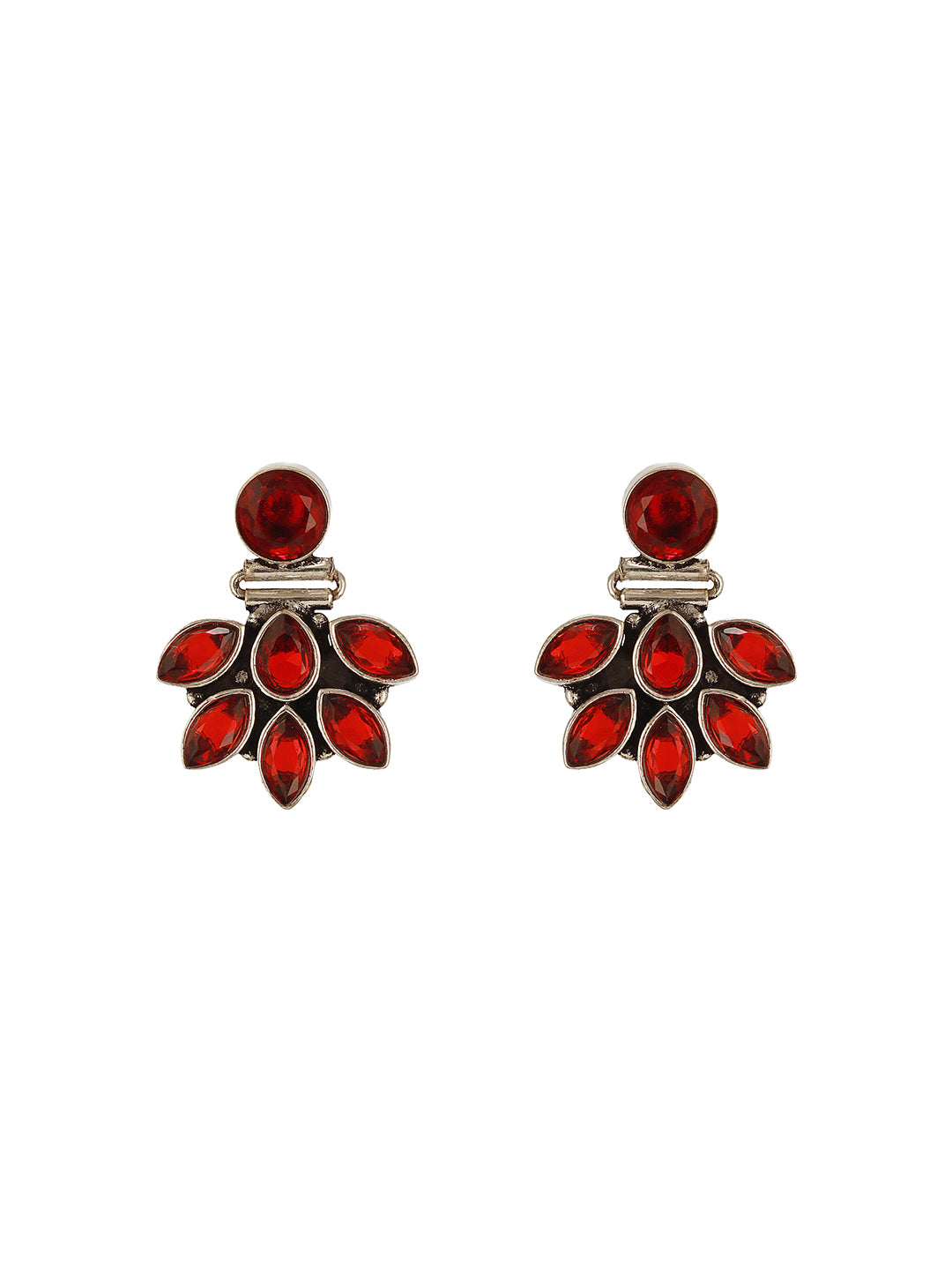 Silver Toned Fiery Red AD Zircon Studded Floral Minimal Earrings