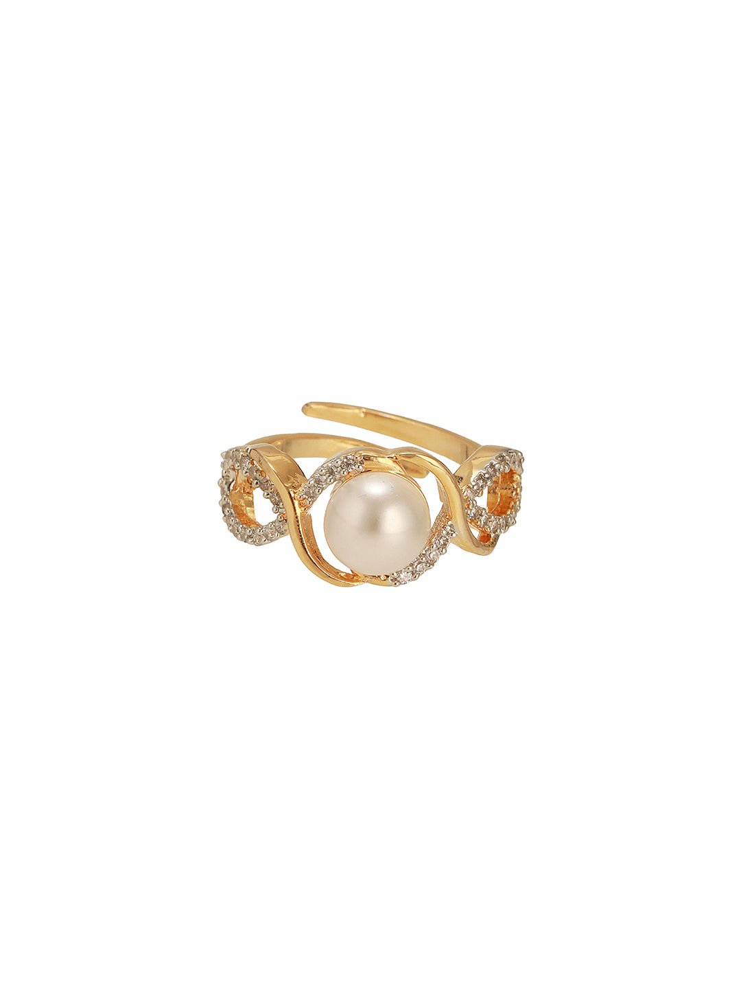 Combo Gold Plated White AD & Pearl Studded Floral Minial Ring, Bracelet With Earrings Jewellery Set