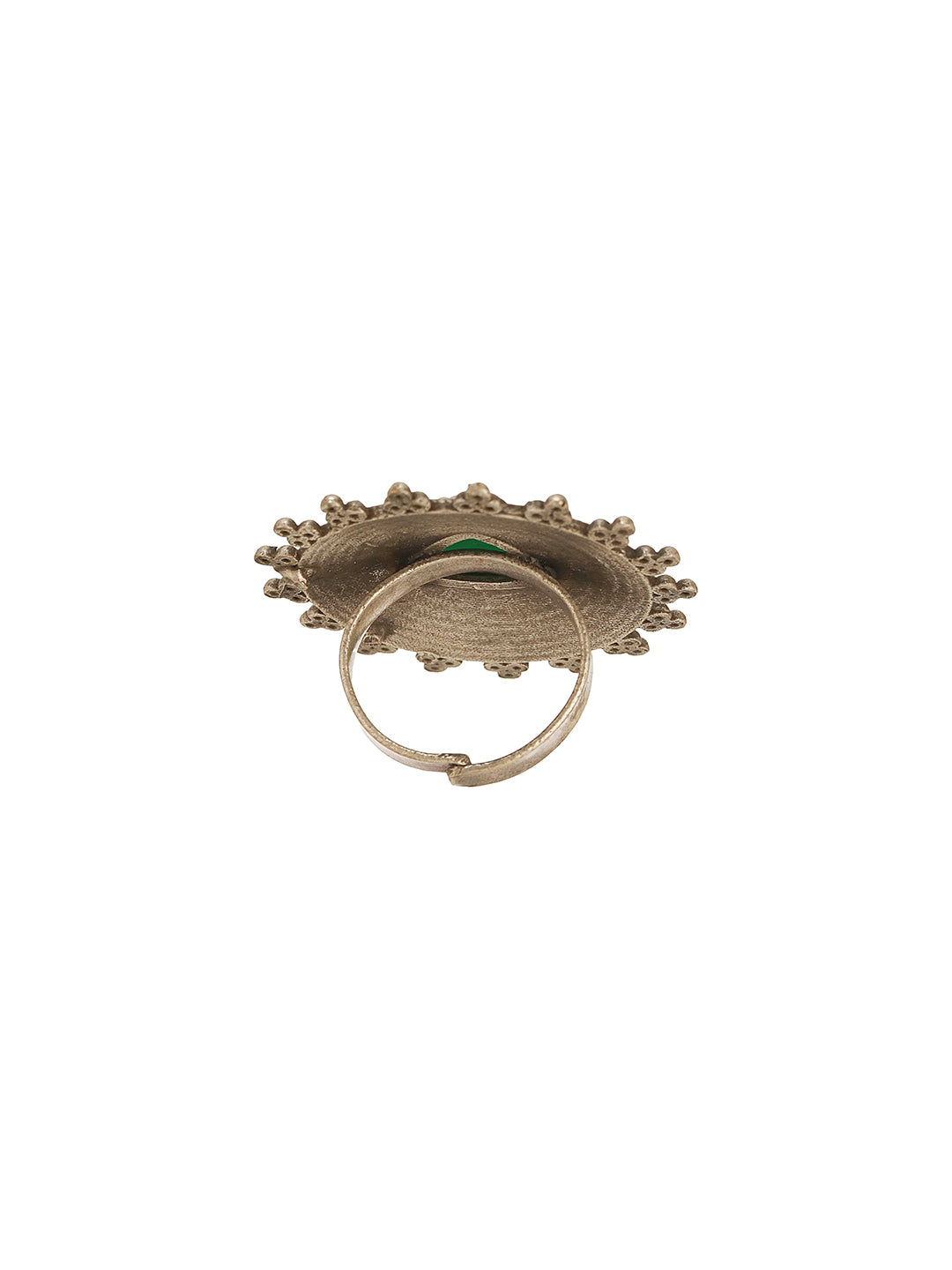 Oxidised Silver Toned Emerald Green Stone Studded Fusion Statement Tribal Adjustable Finger Ring