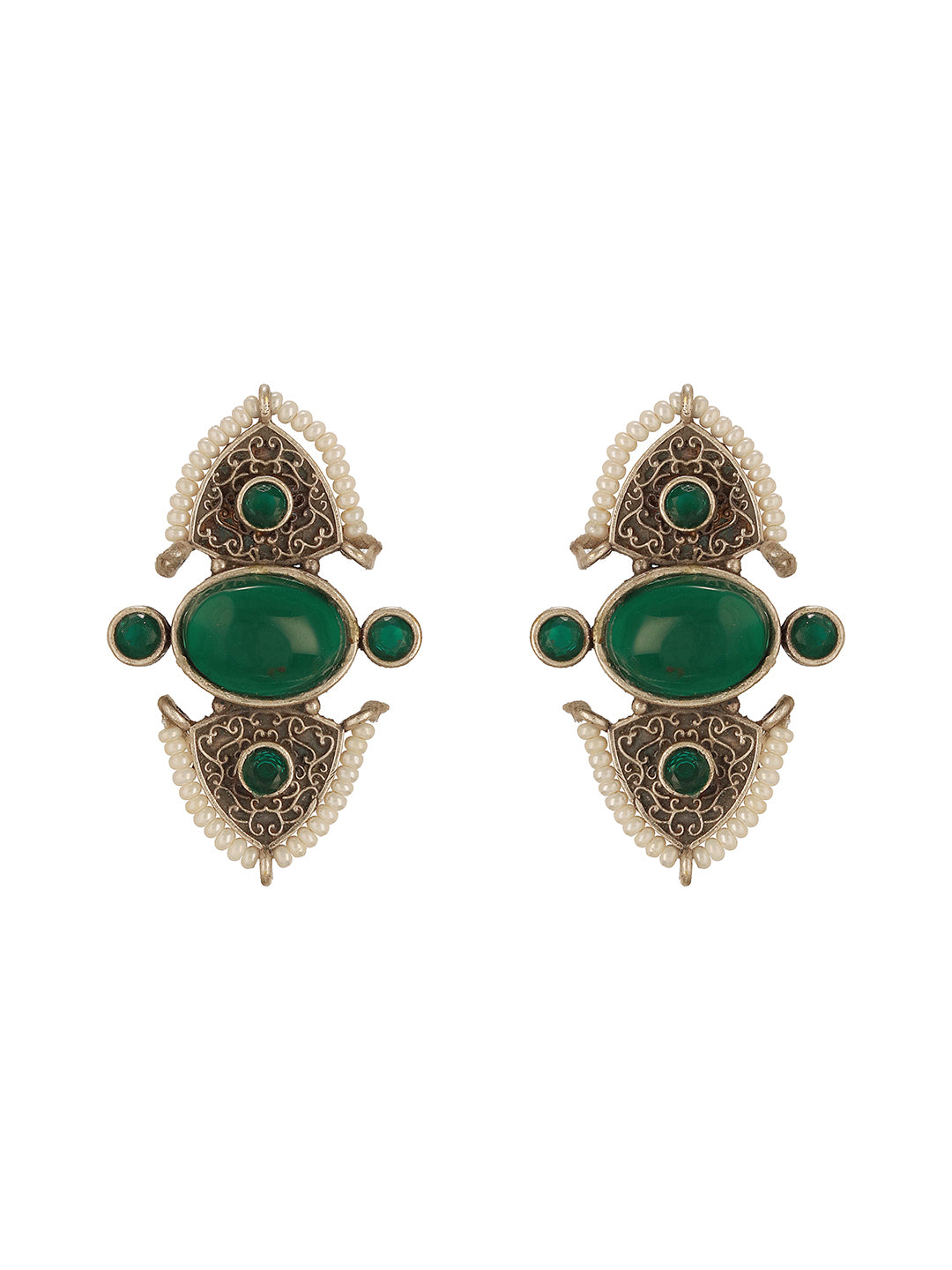 Oxidised Silver Toned Green Stone Studded Unique Pearl Beaded Handcrafted Studds earrings