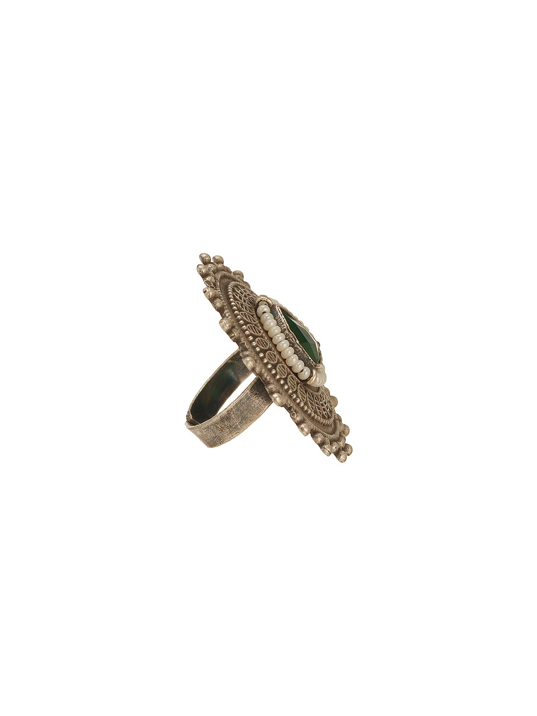 Oxidised Silver Toned Emerald Green Stone Studded Fusion Statement Tribal Adjustable Finger Ring